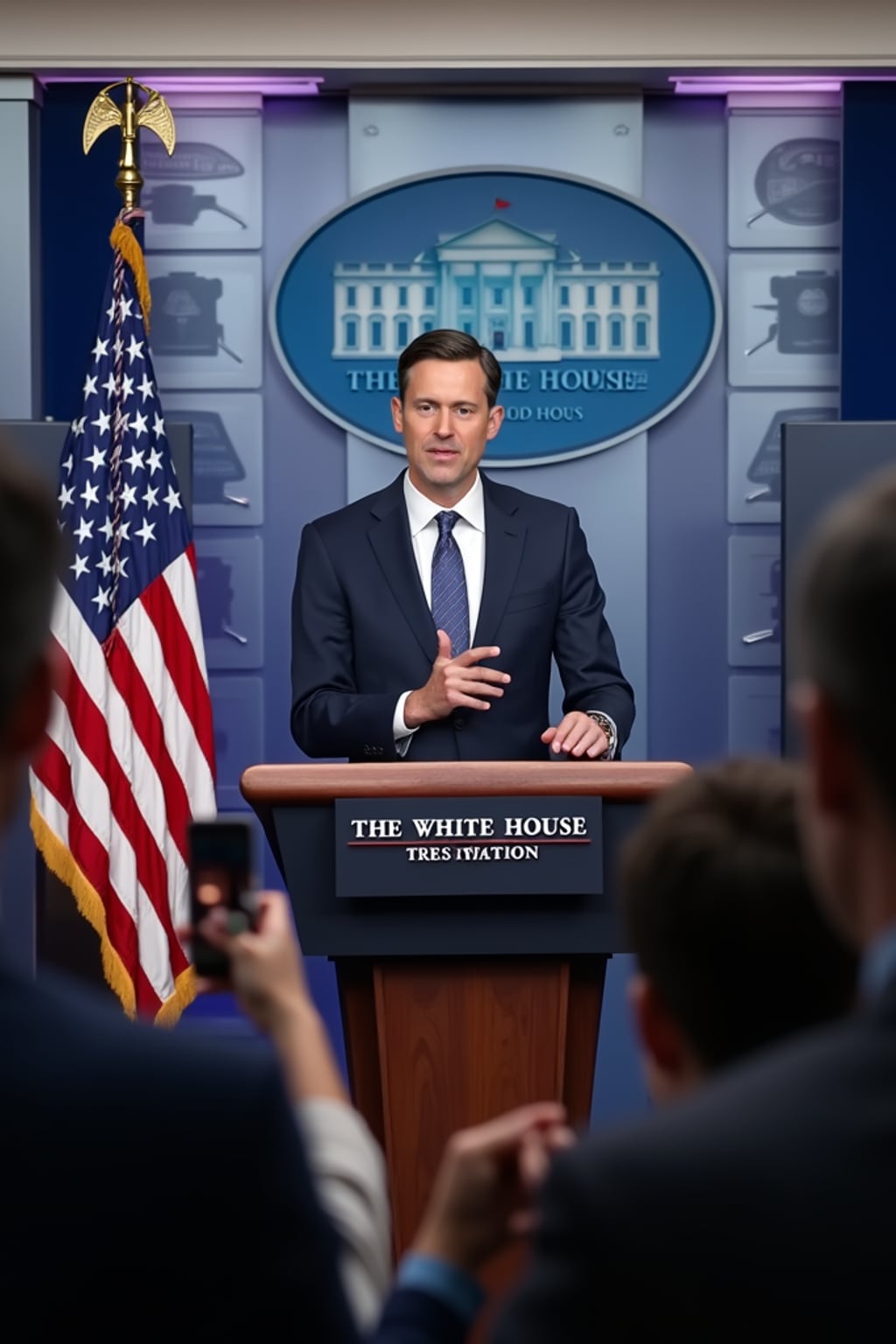 a u.s. government press briefing with a white house spokesperson addressing concerns about ai-generated videos. the chyron reads: 'white house responds to PhotoAI.com backlash.' the spokesperson says, 'we take the threat of ai misinformation seriously and are evaluating new regulations.' journalists in the audience hold microphones, asking tough questions about ai censorship and free speech.