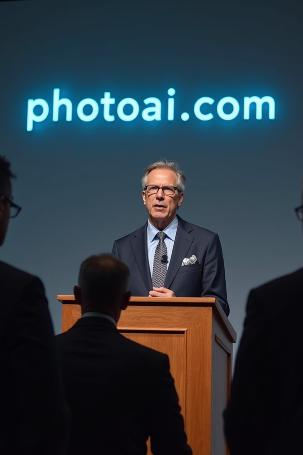a formal press conference with a tech ceo responding to the backlash against ai-generated videos. the chyron reads: 'PhotoAI.com responds to protests.' the ceo, standing at a podium, says, 'ai-generated content is the future of media, but we understand concerns about deepfakes and misinformation.' reporters ask questions, demanding answers about ai's impact on jobs and truth in journalism.