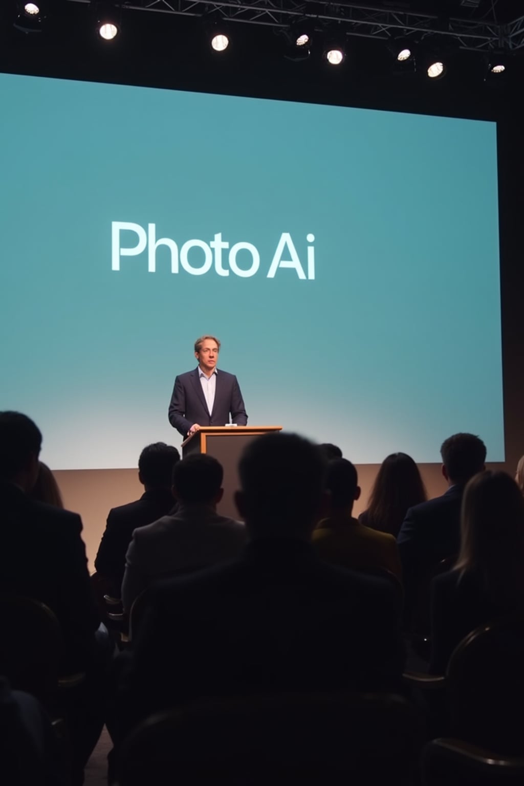a formal press conference with a tech ceo responding to the backlash against ai-generated videos. the chyron reads: 'PhotoAI.com responds to protests.' the ceo, standing at a podium, says, 'ai-generated content is the future of media, but we understand concerns about deepfakes and misinformation.' reporters ask questions, demanding answers about ai's impact on jobs and truth in journalism.