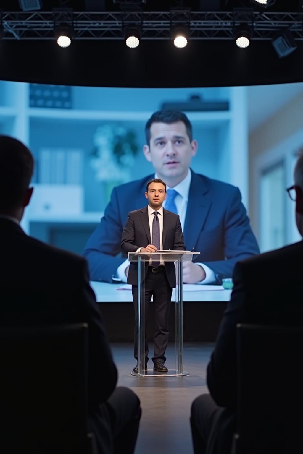 a formal press conference with a tech ceo responding to the backlash against ai-generated videos. the chyron reads: 'PhotoAI.com responds to protests.' the ceo, standing at a podium, says, 'ai-generated content is the future of media, but we understand concerns about deepfakes and misinformation.' reporters ask questions, demanding answers about ai's impact on jobs and truth in journalism.
