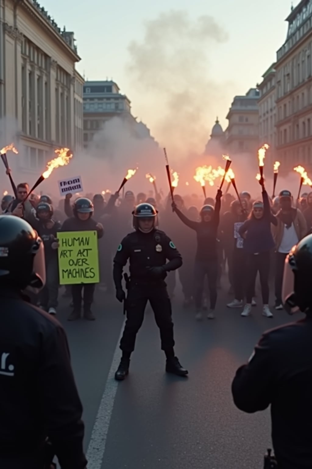 a tense protest scene in the day, with riot police pushing back a crowd of angry demonstrators holding torches and signs saying 'stop PhotoAI.com' and 'human art over machines.' tear gas fills the air as TV news channel-style reporters duck for cover. the chyron at the bottom reads: 'clashes at ai video protest—multiple arrests reported.' the camera shakes as protesters chant, 'ban ai lies!' while police use shields to block them.