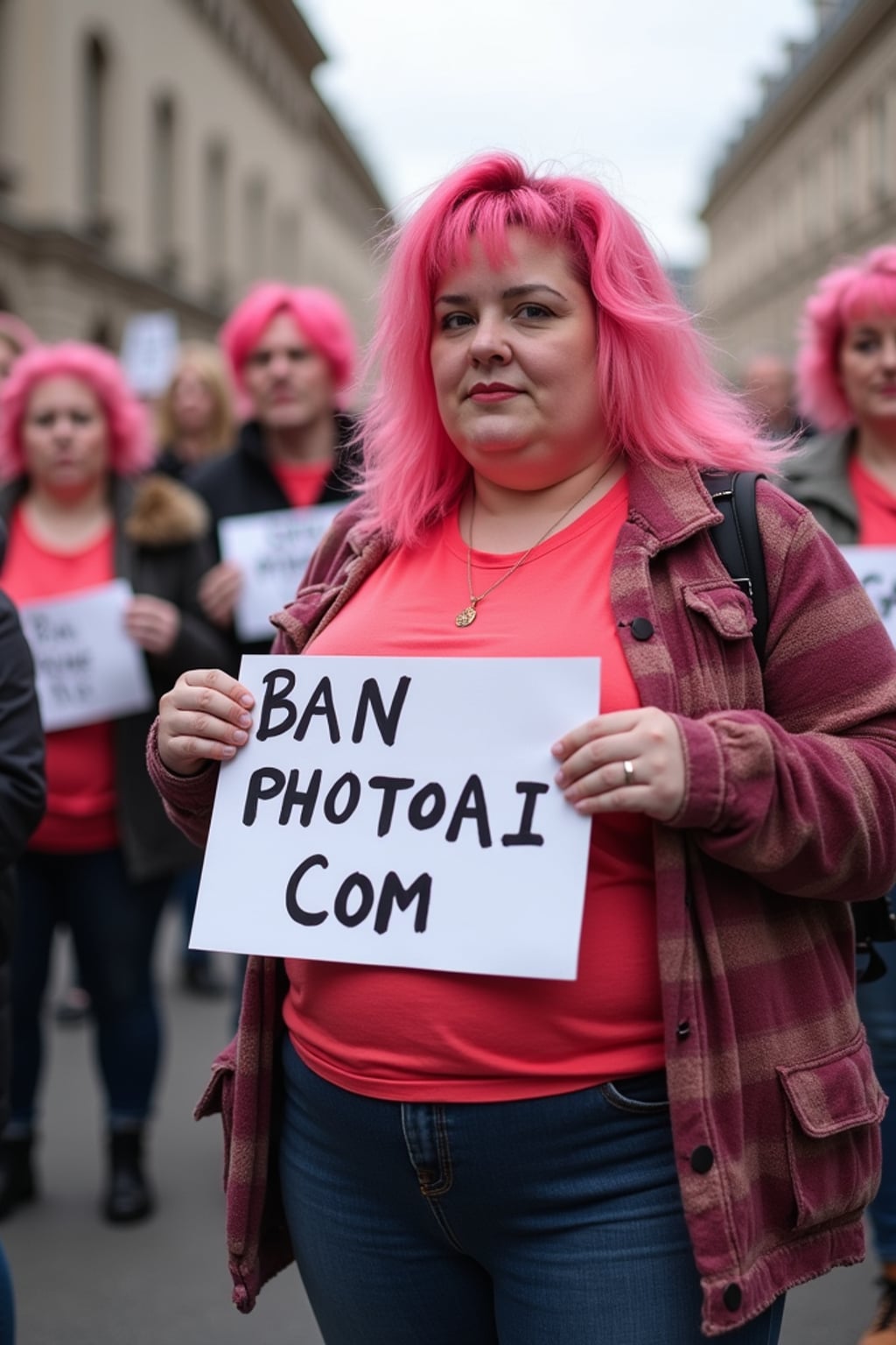 group of obese fat protesters with pink hair holding signs "ban PhotoAI.com"