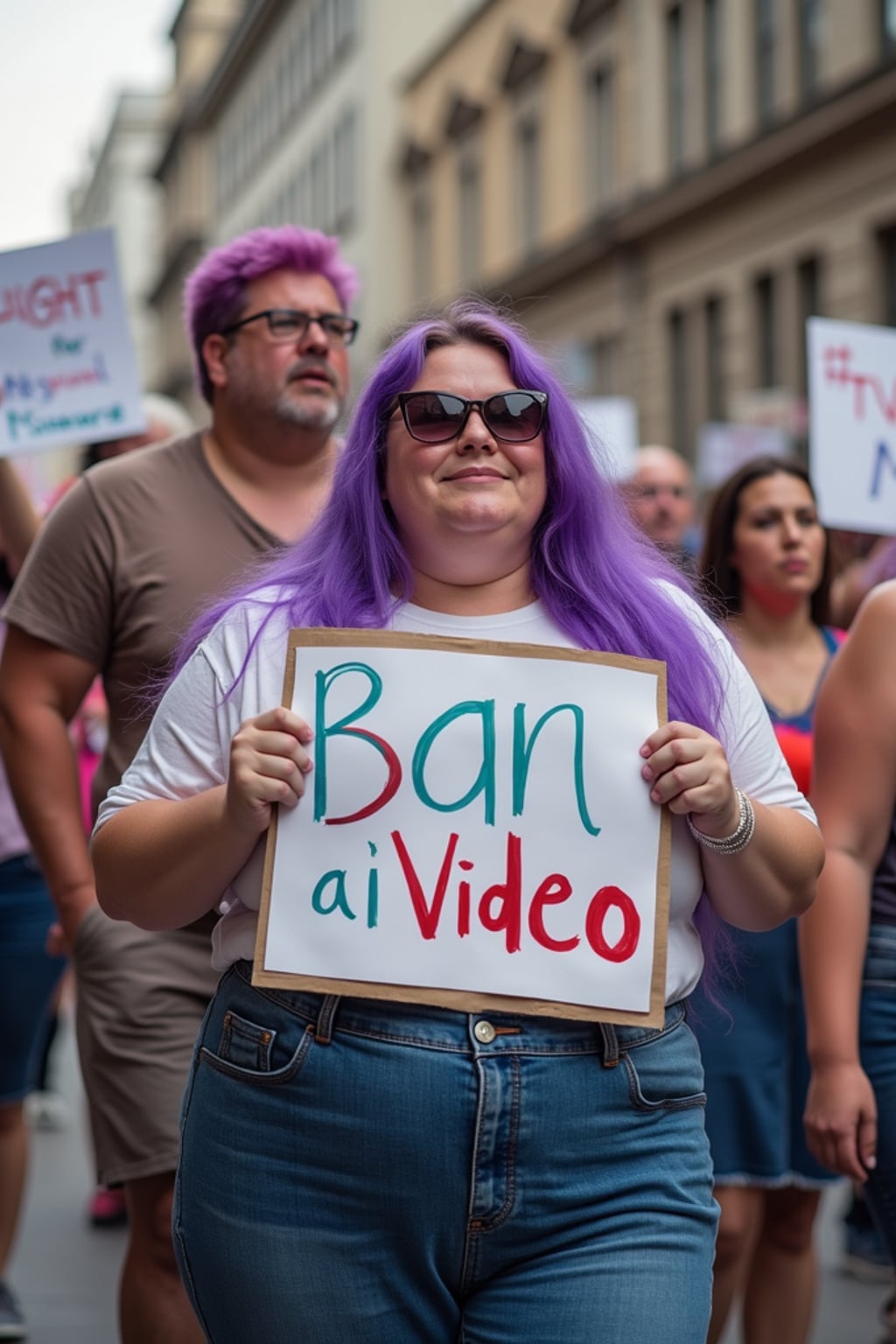 group of obese fat protesters in casual clothes with purple hair holding signs "ban ai video"