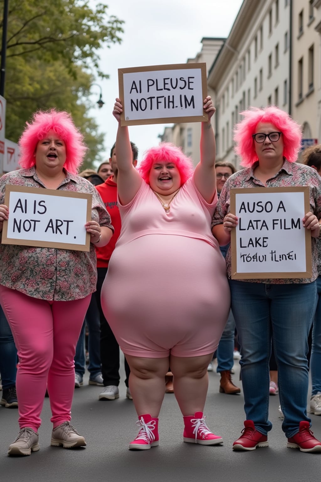 group of obese fat protesters in casusal clothes with pink hair holding signs "ai is not art, ai is not film, ai is not talent!"