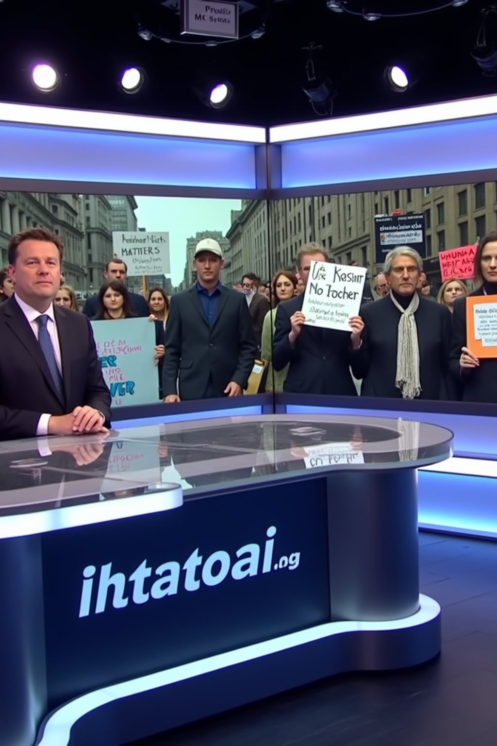 a TV news channel-style newsroom. a serious-looking news anchor sits at a modern news desk with 'breaking news' displayed on the screen. the chyron reads: 'protests erupt against PhotoAI.com.' behind the anchor, a large screen shows live footage of protesters in a major city like new york, london, or berlin. protesters hold signs such as 'stop ai lies,' 'human creators matter,' and 'real content, real people.' the news ticker below mentions concerns over ai deepfakes, job losses in the entertainment industry, and the rise of ai misinformation. the anchor introduces a live reporter on the ground at the protest.