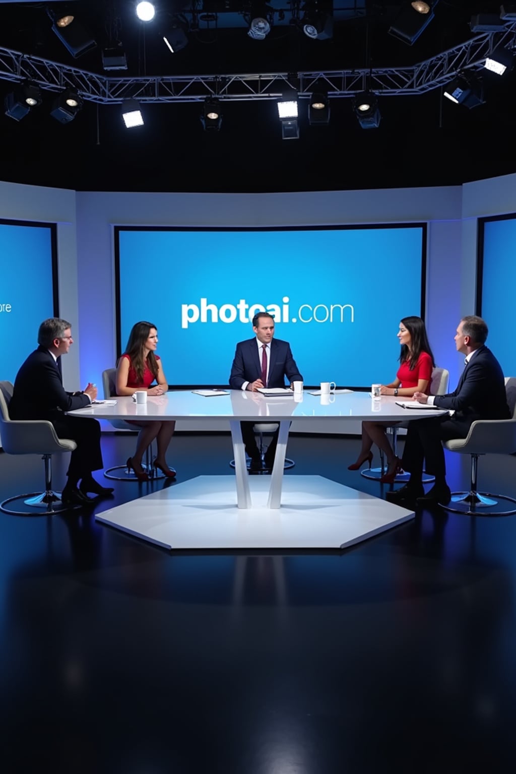 a TV news channel panel discussion setup. three experts—one media ethics professor, a hollywood filmmaker, and a tech industry representative—are in a heated debate over the implications of ai-generated videos. the chyron reads: 'PhotoAI.com: innovation or threat?' the host asks, 'are ai-generated videos misleading the public?' the filmmaker warns, 'this technology could replace human actors entirely!' the tech industry rep defends ai, saying it 'enhances creativity, not replaces it.' the professor warns about deepfakes and ai propaganda.