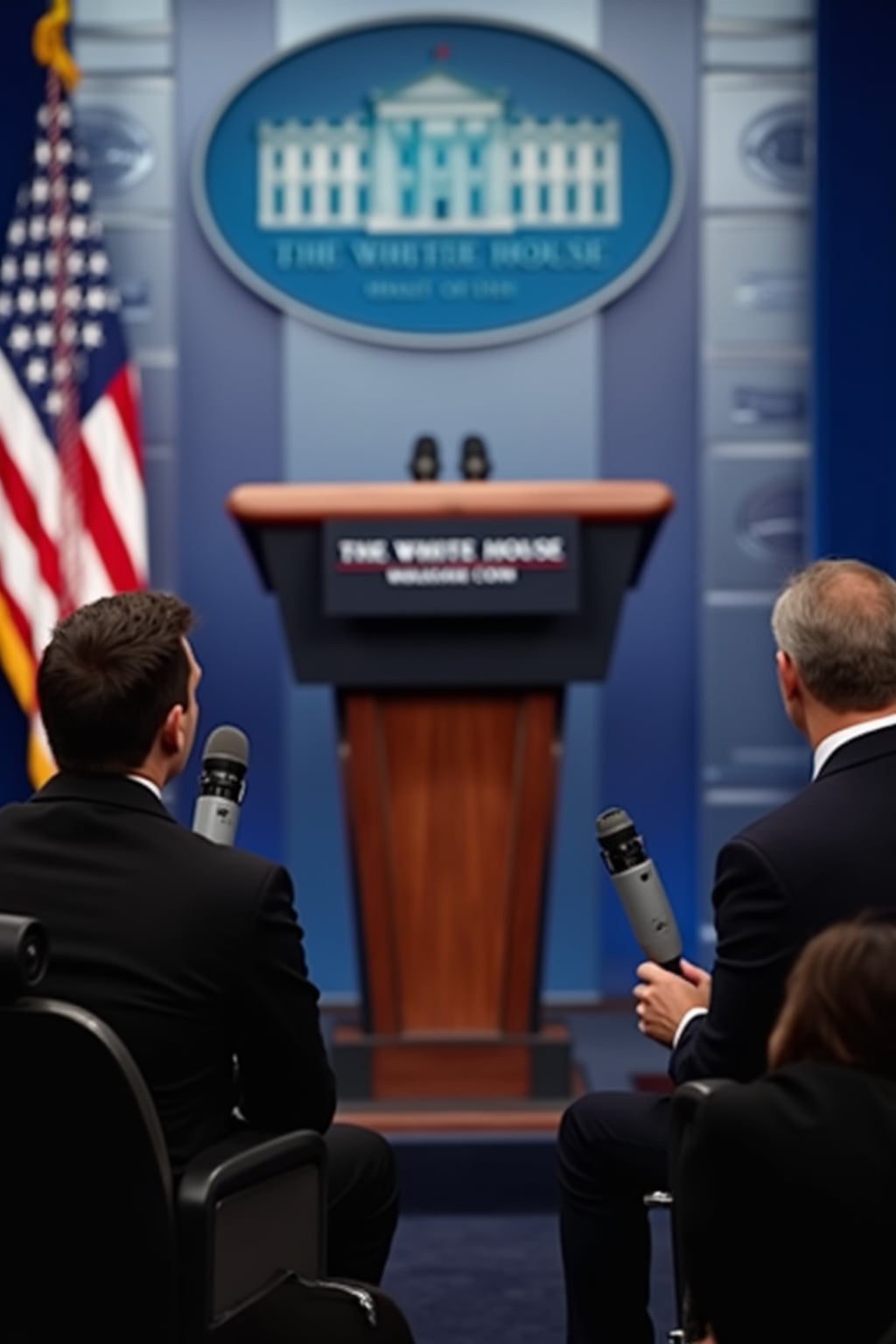 a u.s. government press briefing with a white house spokesperson addressing concerns about ai-generated videos. the chyron reads: 'white house responds to PhotoAI.com backlash.' the spokesperson says, 'we take the threat of ai misinformation seriously and are evaluating new regulations.' journalists in the audience hold microphones, asking tough questions about ai censorship and free speech.