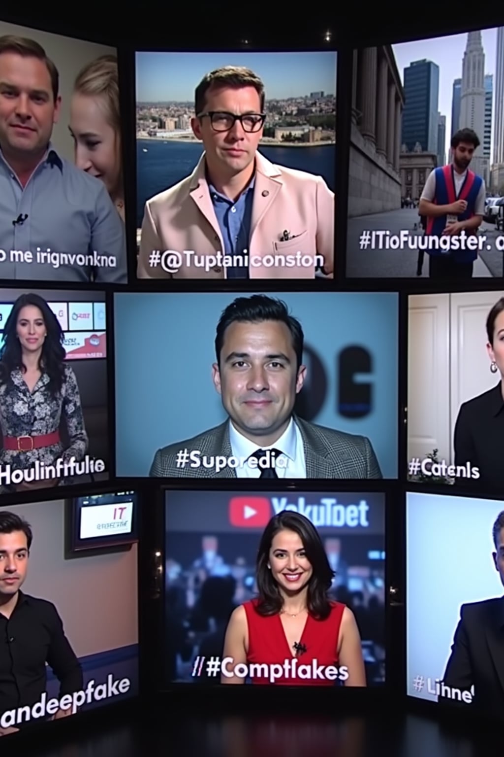 a fast-paced montage of tiktok, twitter, and youtube posts reacting to the anti-ai video protests. screens show influencers, journalists, and politicians debating ai-generated content. the chyron reads: 'social media explodes over ai video controversy.' viral hashtags appear on-screen: #stopaimanipulation, #humancreatorsmatter, #bandeepfakes