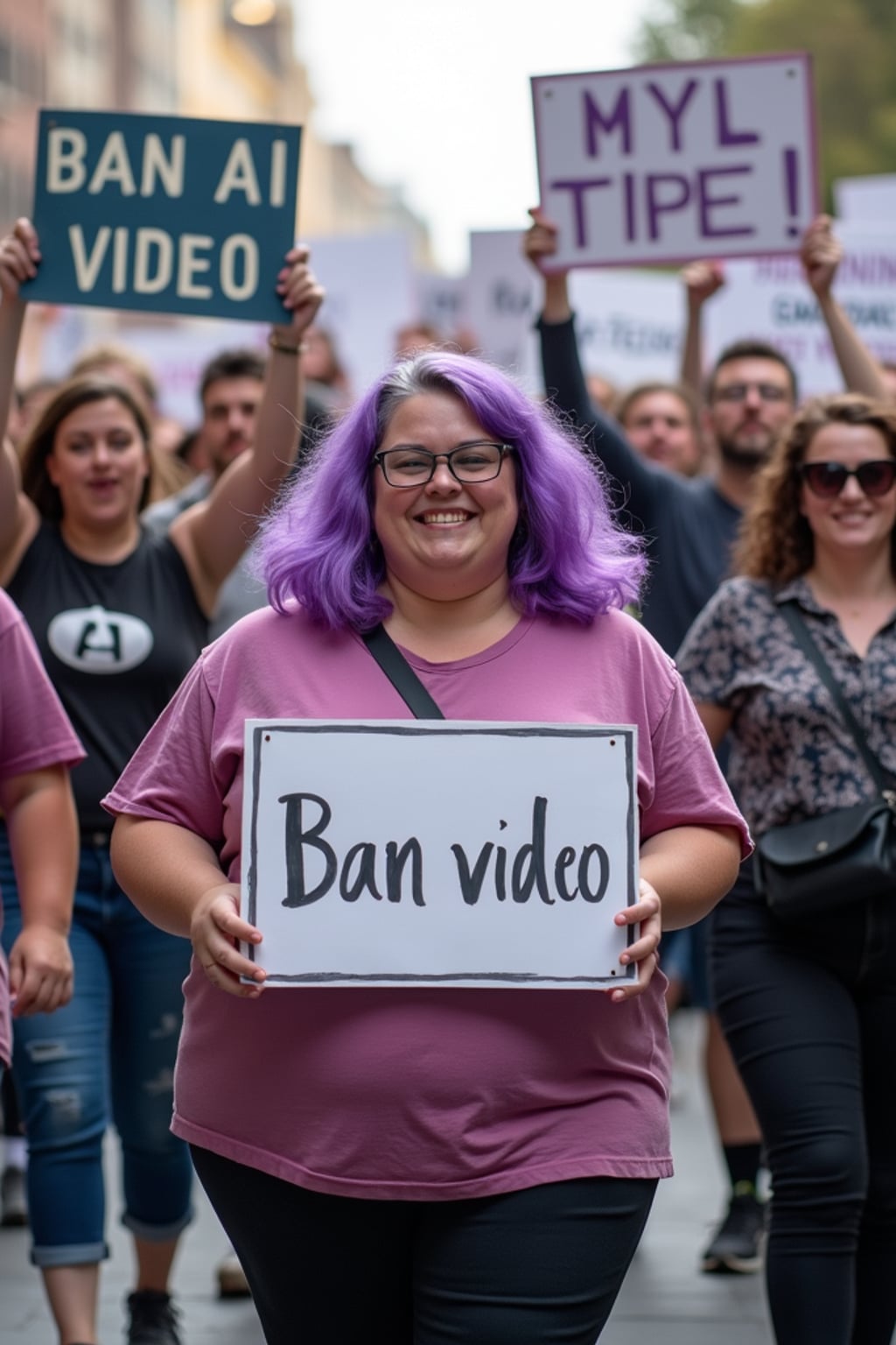 group of obese fat protesters in casual clothes with purple hair holding signs "ban ai video"