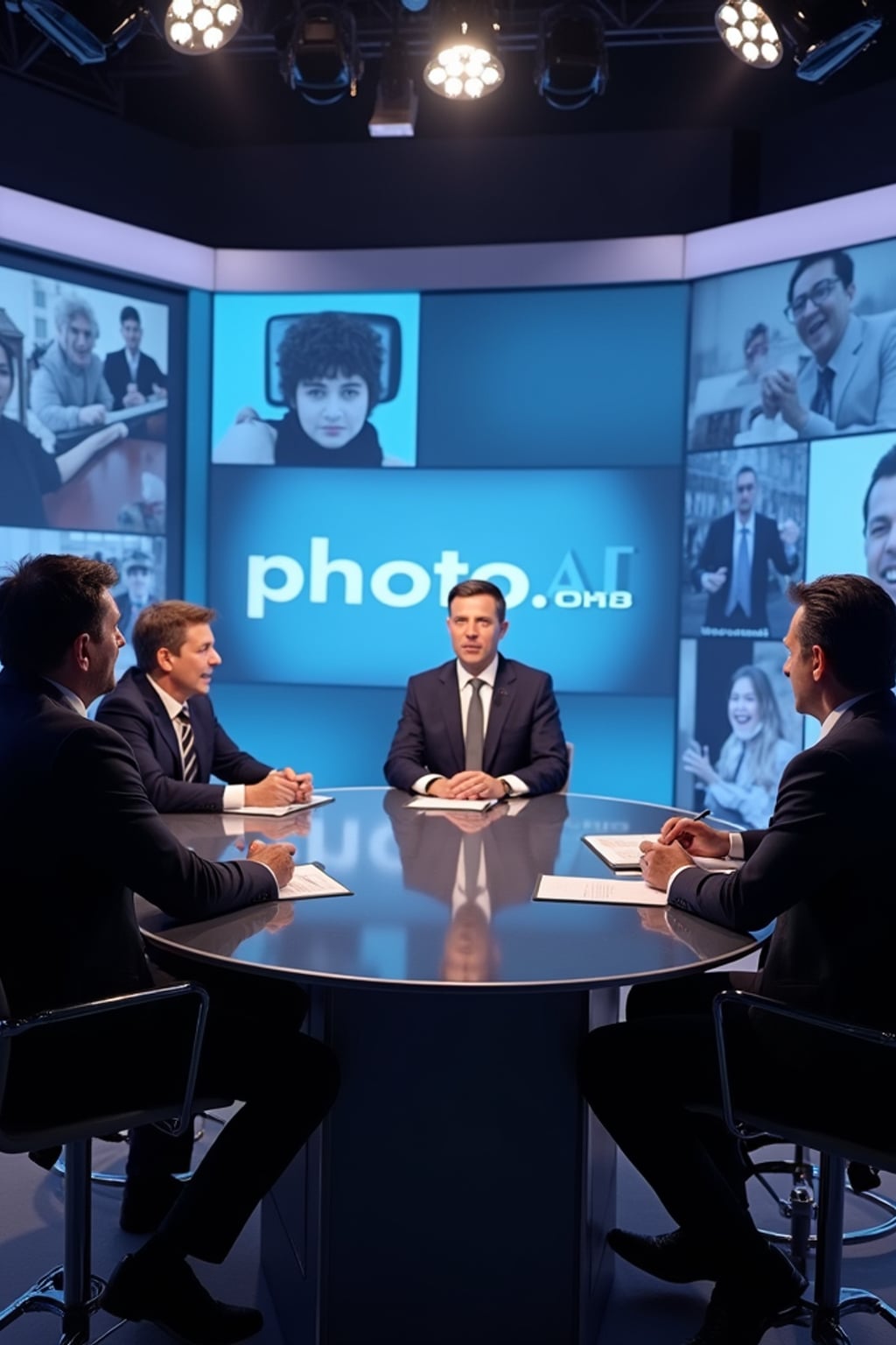 a TV news channel panel discussion setup. three experts—one media ethics professor, a hollywood filmmaker, and a tech industry representative—are in a heated debate over the implications of ai-generated videos. the chyron reads: 'PhotoAI.com: innovation or threat?' the host asks, 'are ai-generated videos misleading the public?' the filmmaker warns, 'this technology could replace human actors entirely!' the tech industry rep defends ai, saying it 'enhances creativity, not replaces it.' the professor warns about deepfakes and ai propaganda.