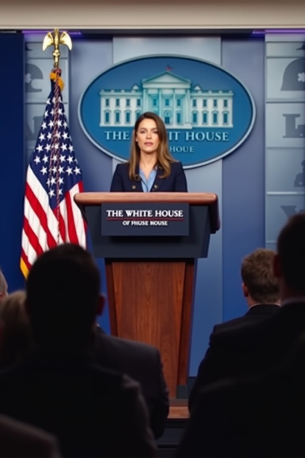 a u.s. government press briefing with a white house spokesperson addressing concerns about ai-generated videos. the chyron reads: 'white house responds to PhotoAI.com backlash.' the spokesperson says, 'we take the threat of ai misinformation seriously and are evaluating new regulations.' journalists in the audience hold microphones, asking tough questions about ai censorship and free speech.