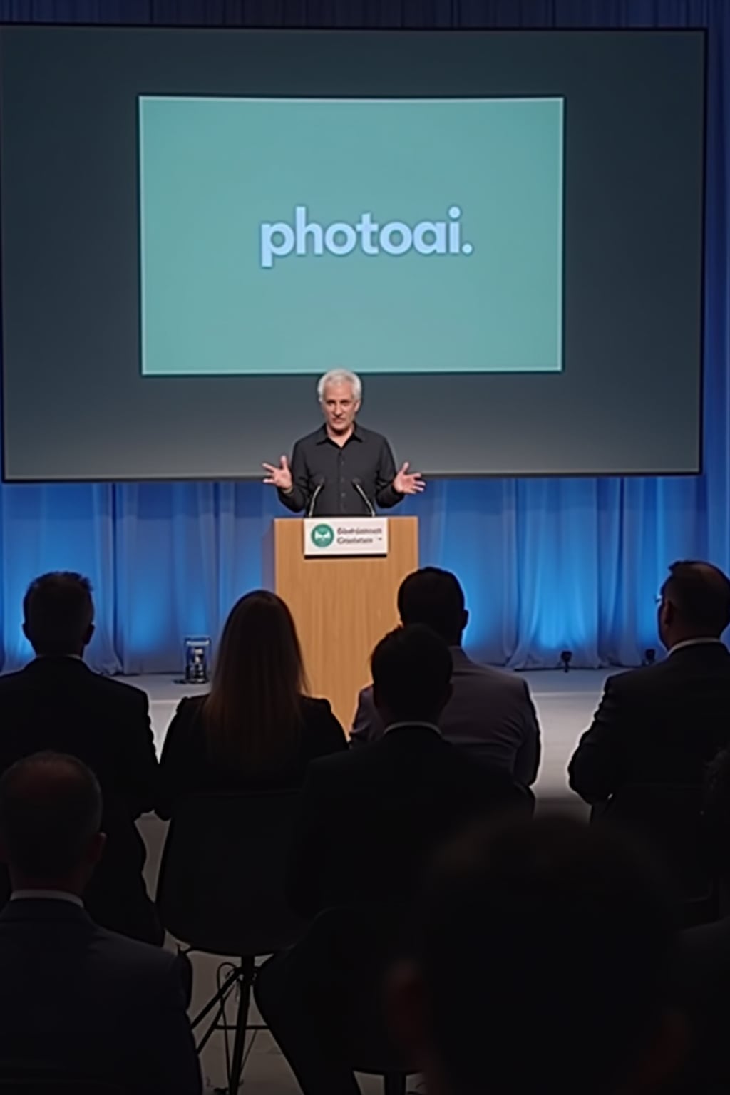 a formal press conference with a tech ceo responding to the backlash against ai-generated videos. the chyron reads: 'PhotoAI.com responds to protests.' the ceo, standing at a podium, says, 'ai-generated content is the future of media, but we understand concerns about deepfakes and misinformation.' reporters ask questions, demanding answers about ai's impact on jobs and truth in journalism.
