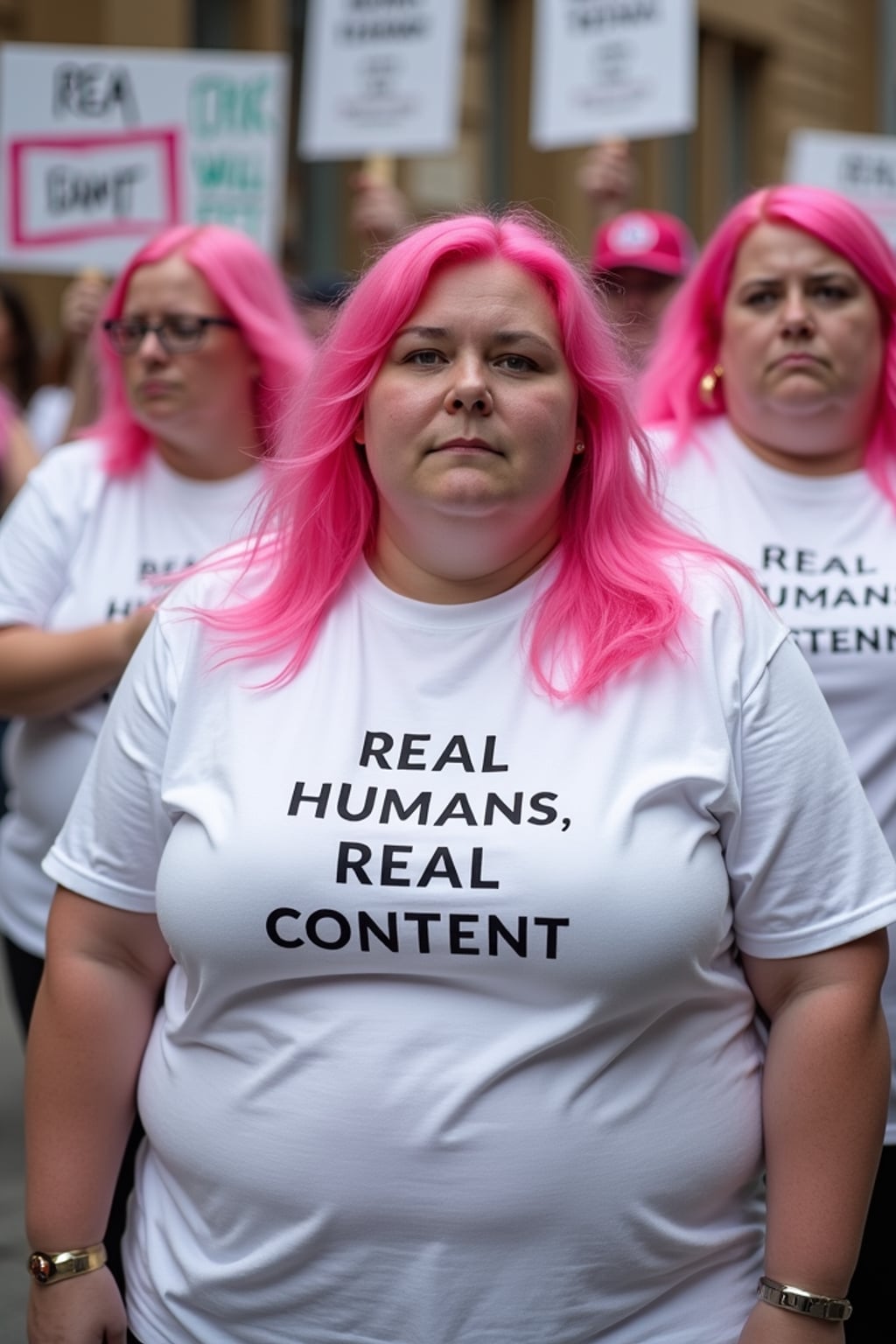 group of obese fat protesters in white t-shirt with pink hair holding signs "real humans, real content"