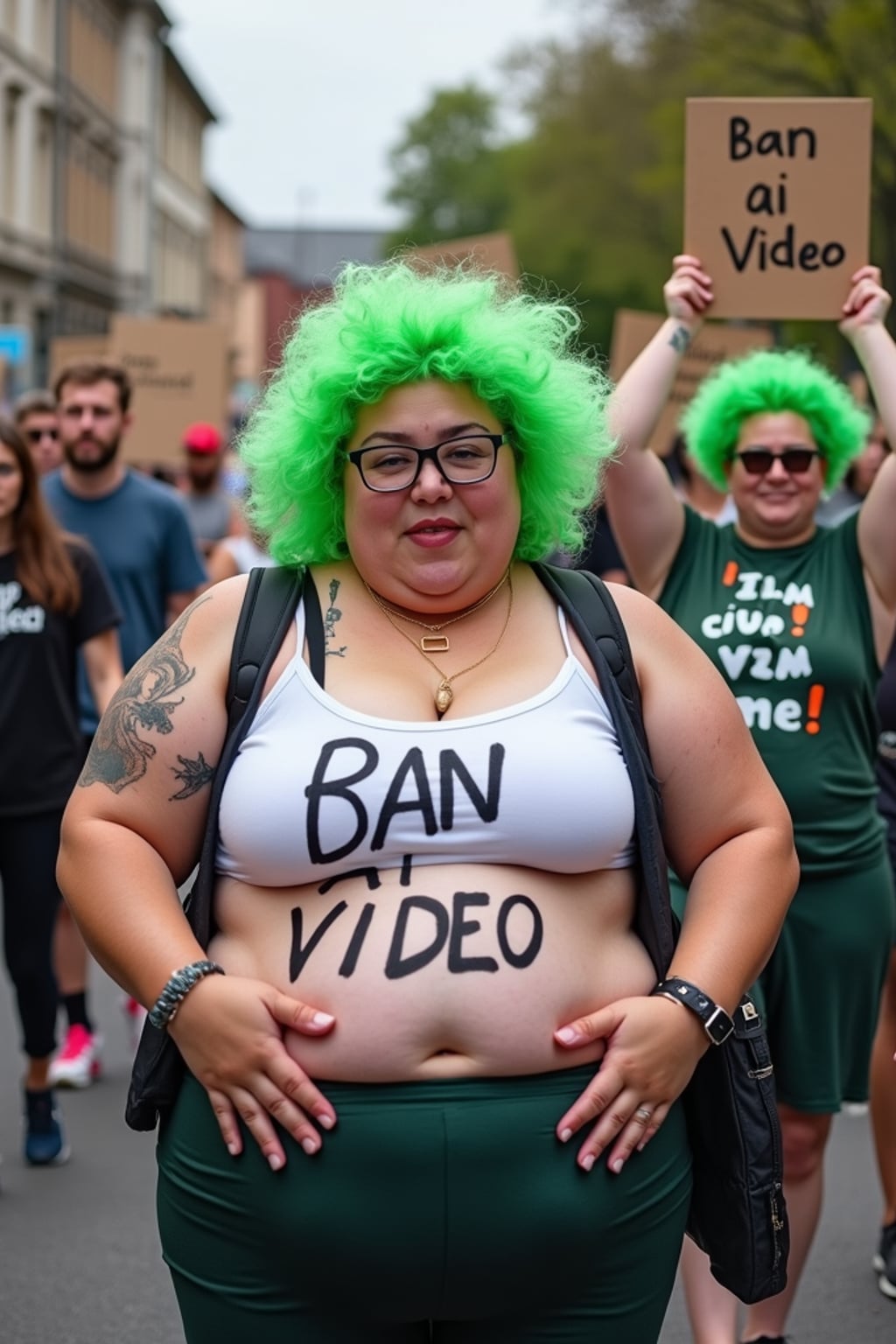 group of obese fat protesters with green hair holding signs "ban ai video"