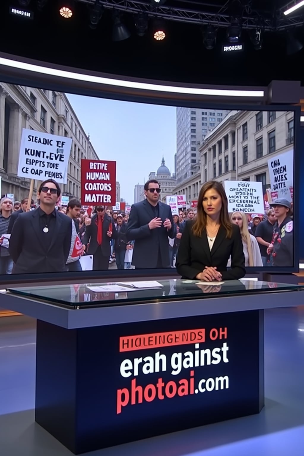 a TV news channel-style newsroom. a serious-looking news anchor sits at a modern news desk with 'breaking news' displayed on the screen. the chyron reads: 'protests erupt against PhotoAI.com.' behind the anchor, a large screen shows live footage of protesters in a major city like new york, london, or berlin. protesters hold signs such as 'stop ai lies,' 'human creators matter,' and 'real content, real people.' the news ticker below mentions concerns over ai deepfakes, job losses in the entertainment industry, and the rise of ai misinformation. the anchor introduces a live reporter on the ground at the protest.