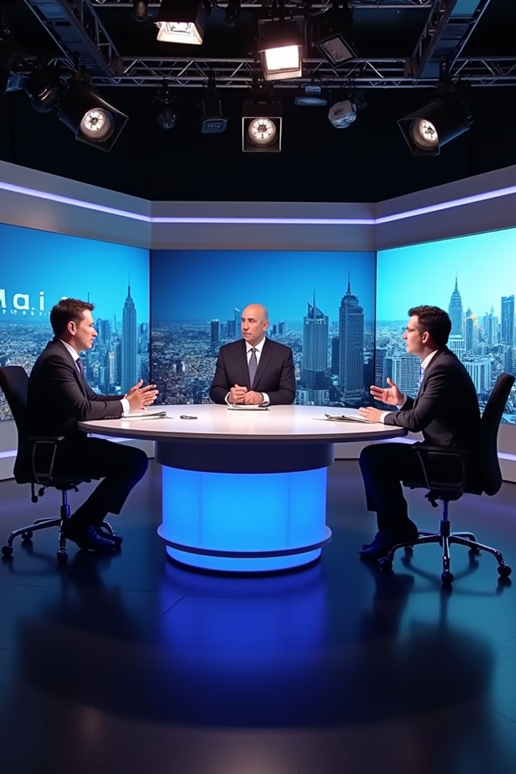 a TV news channel panel discussion setup. three experts—one media ethics professor, a hollywood filmmaker, and a tech industry representative—are in a heated debate over the implications of ai-generated videos. the chyron reads: 'PhotoAI.com: innovation or threat?' the host asks, 'are ai-generated videos misleading the public?' the filmmaker warns, 'this technology could replace human actors entirely!' the tech industry rep defends ai, saying it 'enhances creativity, not replaces it.' the professor warns about deepfakes and ai propaganda.