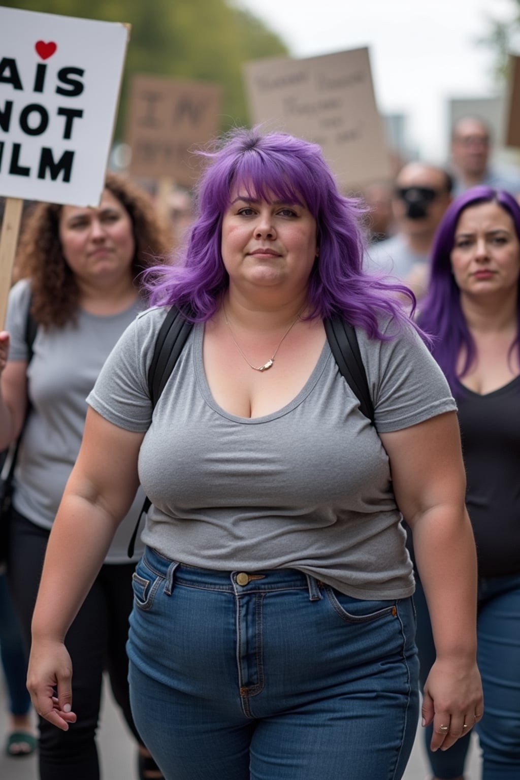 group of obese fat protesters in casual clothes with purple hair holding signs "ai is not film"