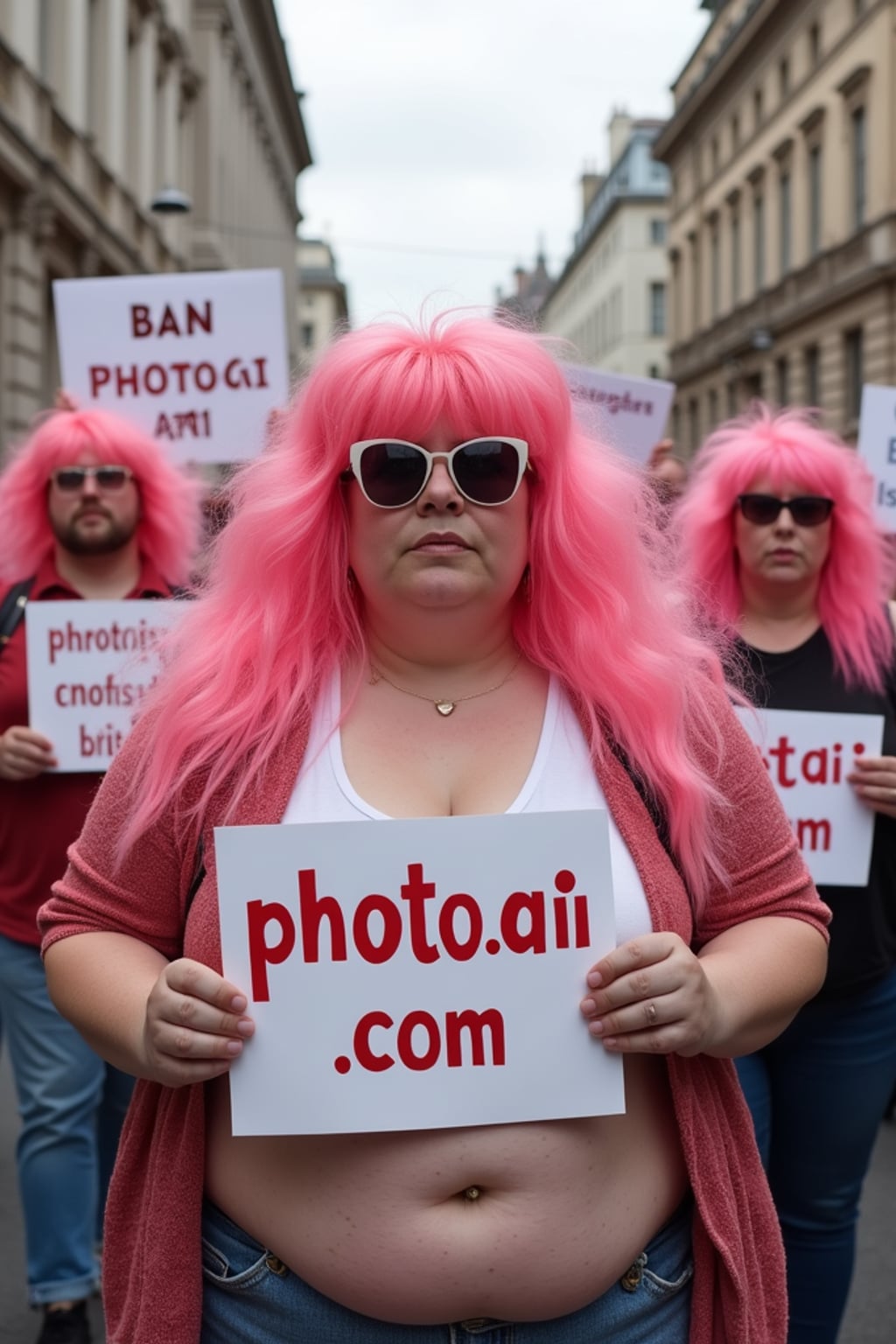 group of obese fat protesters with pink hair holding signs "ban PhotoAI.com"