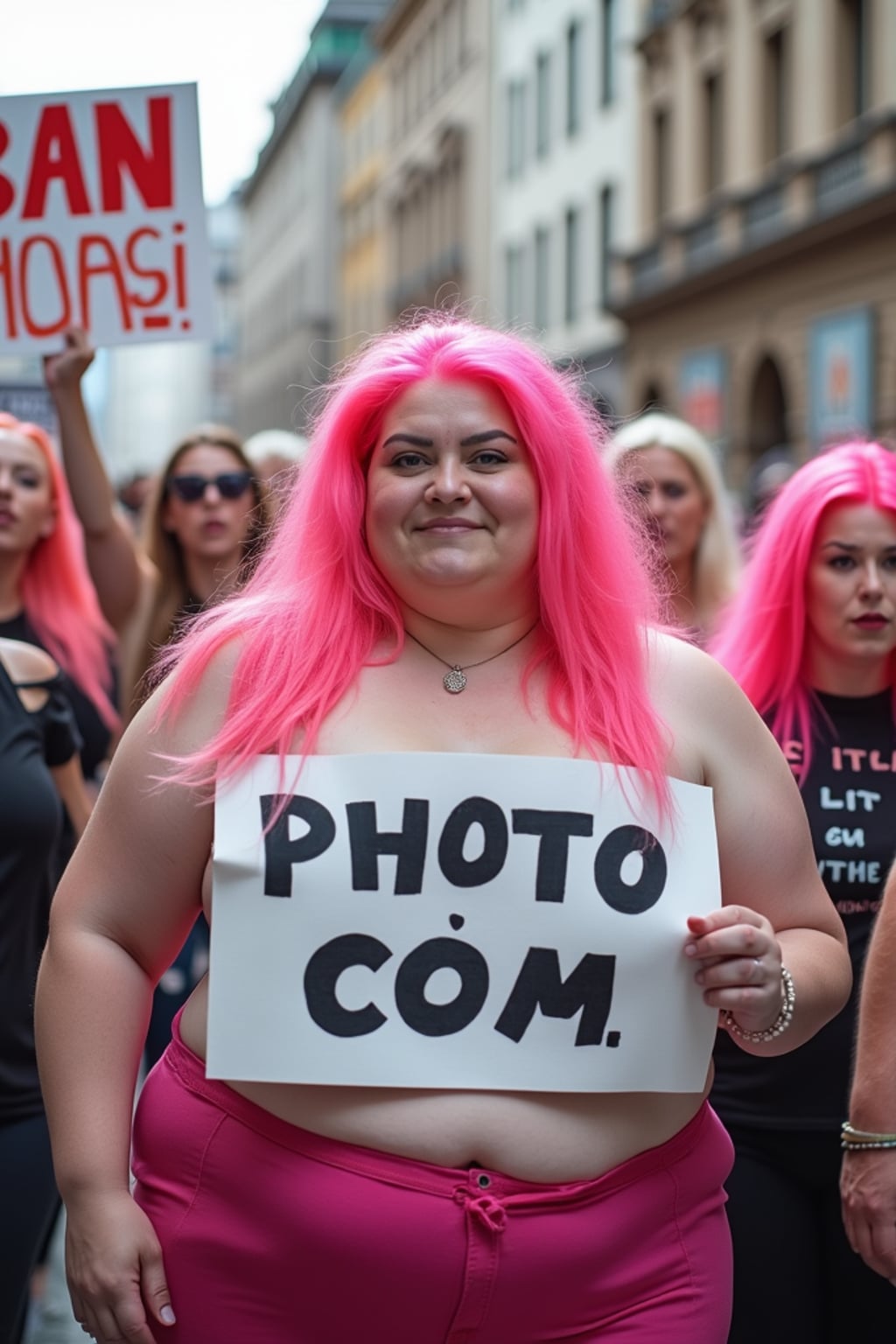 group of obese fat protesters with pink hair holding signs "ban PhotoAI.com"