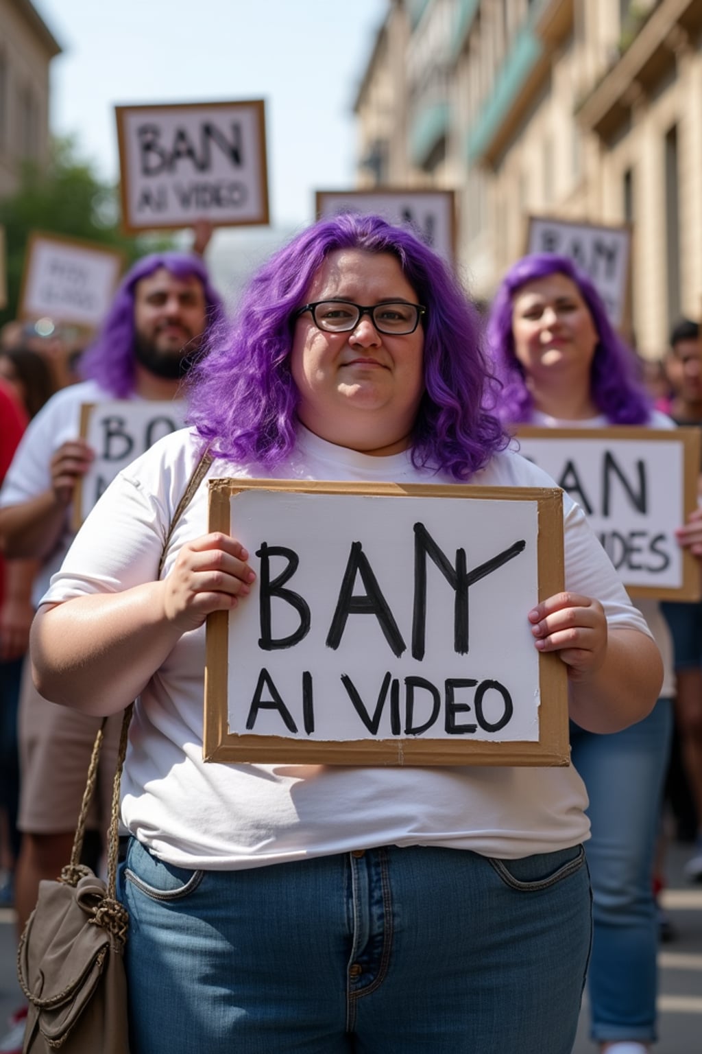 group of obese fat protesters in casual clothes with purple hair holding signs "ban ai video"