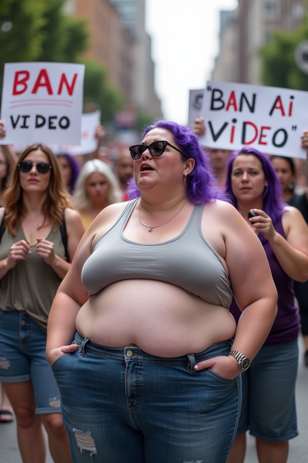 group of obese fat protesters in casual clothes with purple hair holding signs "ban ai video"
