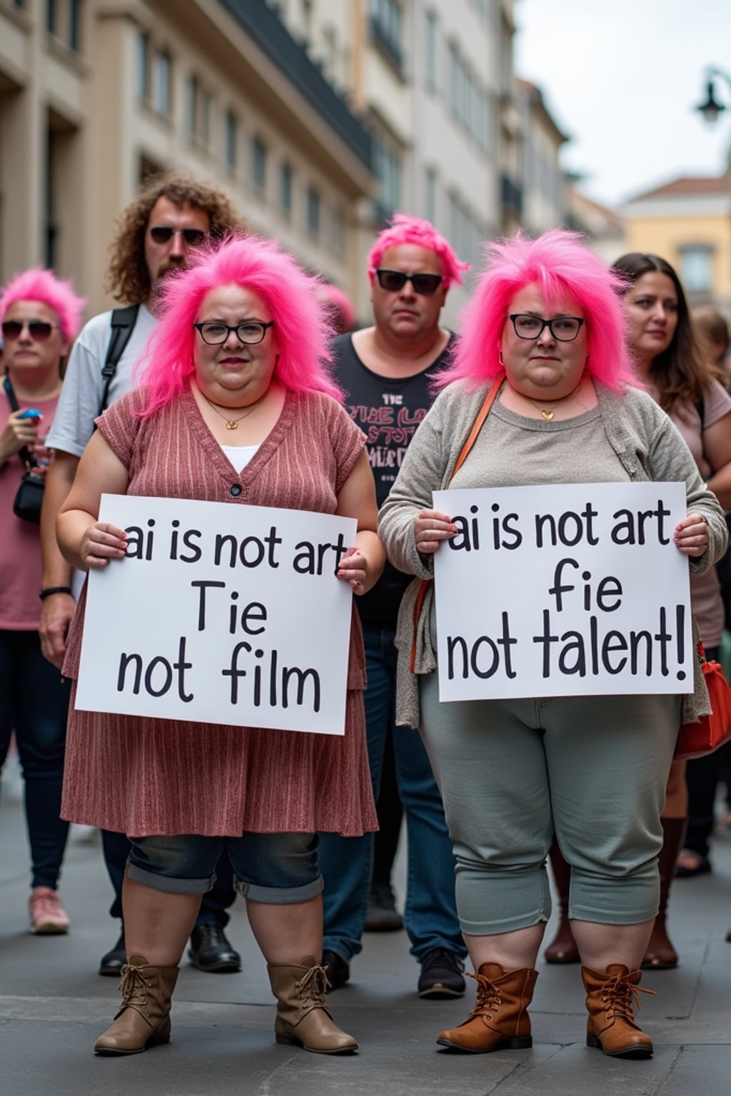 group of obese fat protesters in casusal clothes with pink hair holding signs "ai is not art, ai is not film, ai is not talent!"