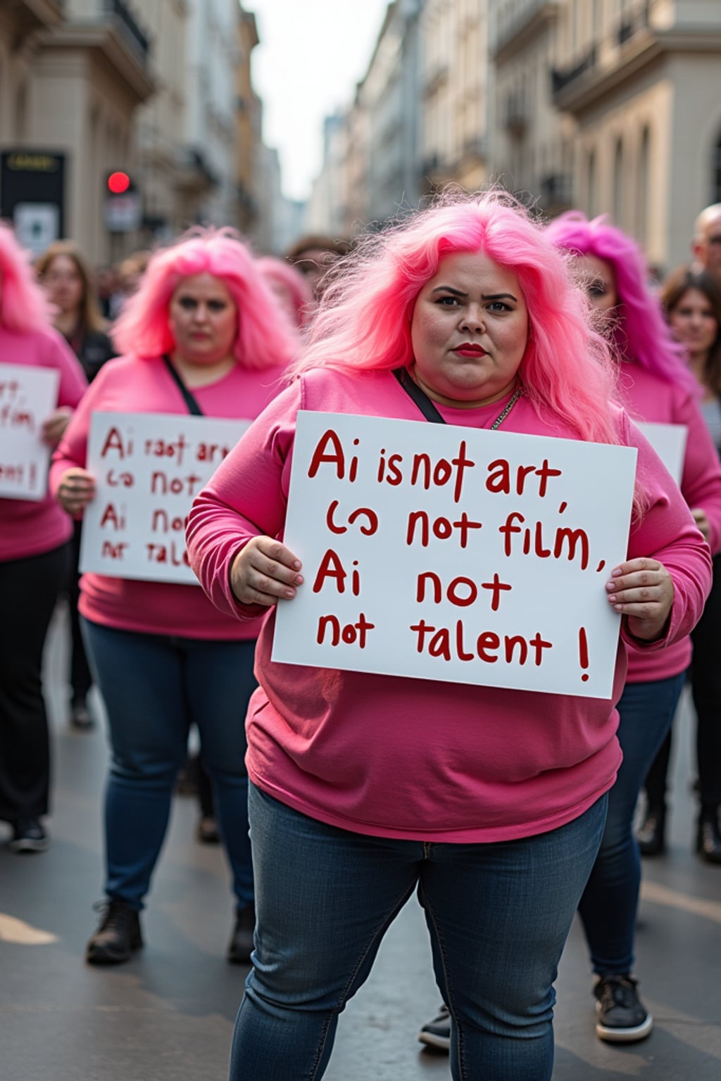 group of obese fat protesters in casusal clothes with pink hair holding signs "ai is not art, ai is not film, ai is not talent!"