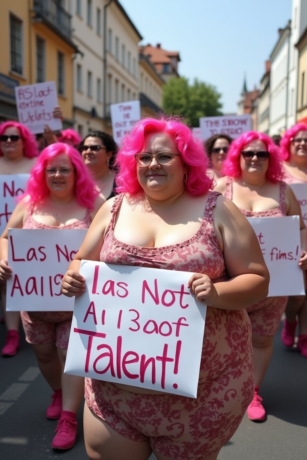 group of obese fat protesters in casusal clothes with pink hair holding signs "ai is not art, ai is not film, ai is not talent!"