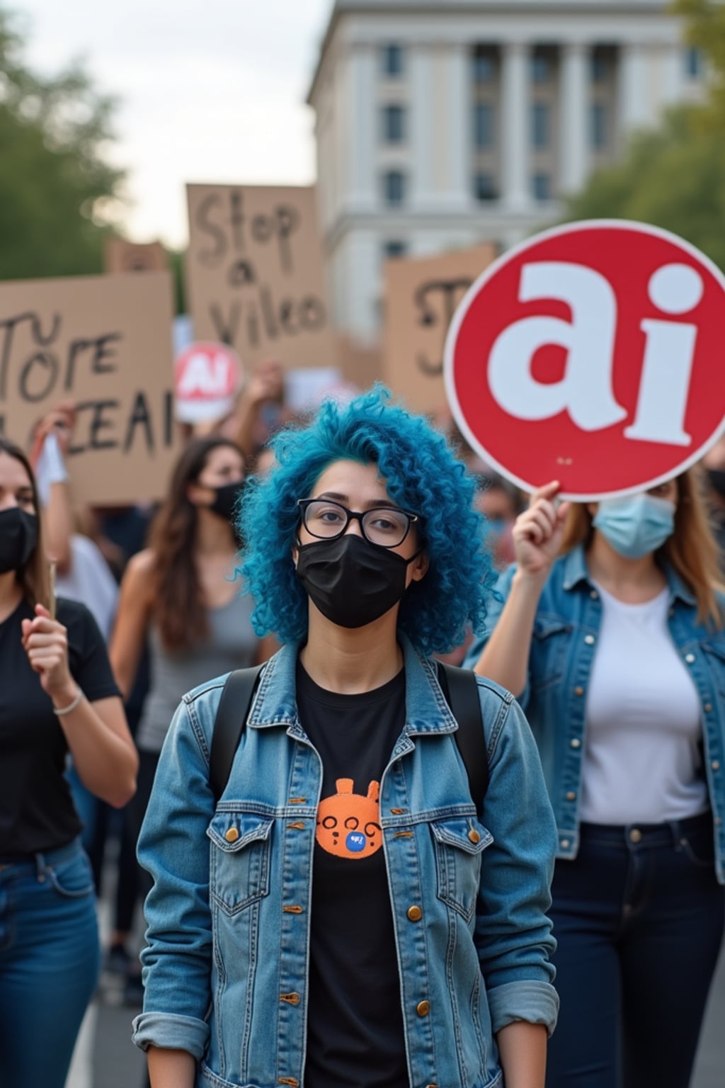 group of protesters in casual clothes with face masks and blue hair holding signs "stop ai video"