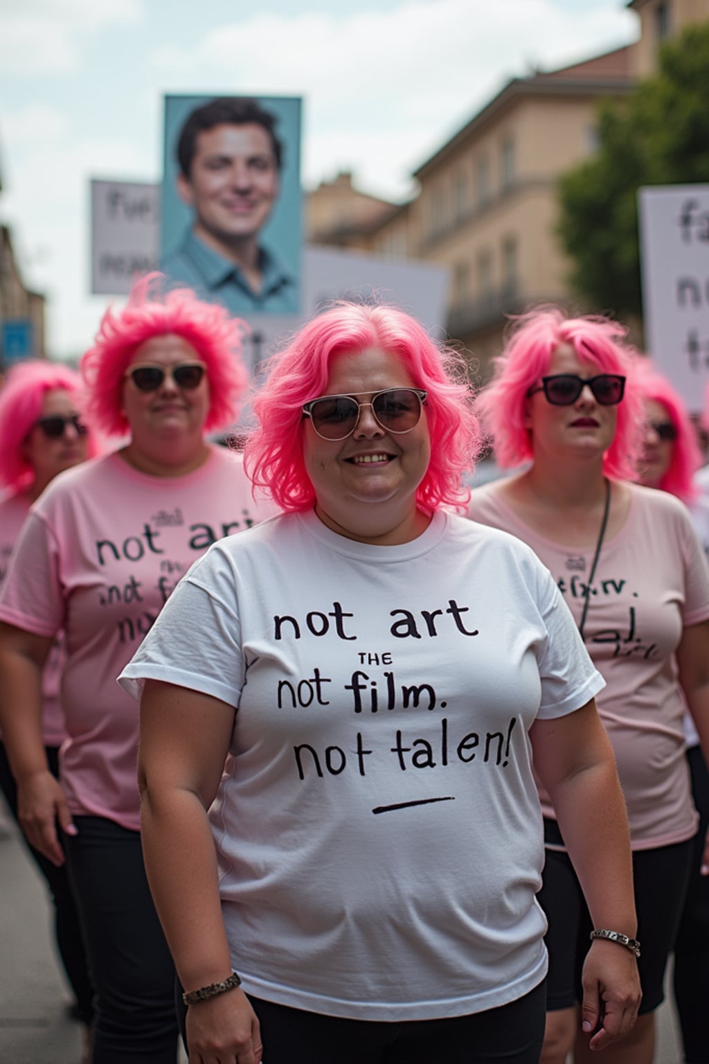 group of obese fat protesters in casusal clothes with pink hair holding signs "ai is not art, ai is not film, ai is not talent!"