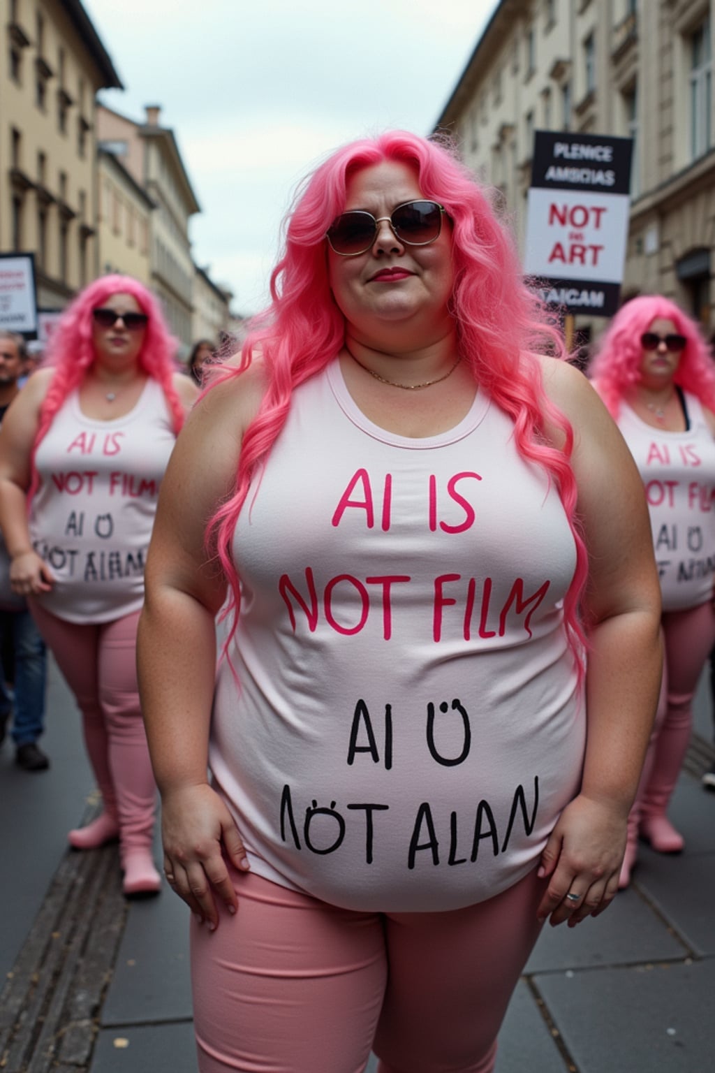 group of obese fat protesters in casusal clothes with pink hair holding signs "ai is not art, ai is not film, ai is not talent!"