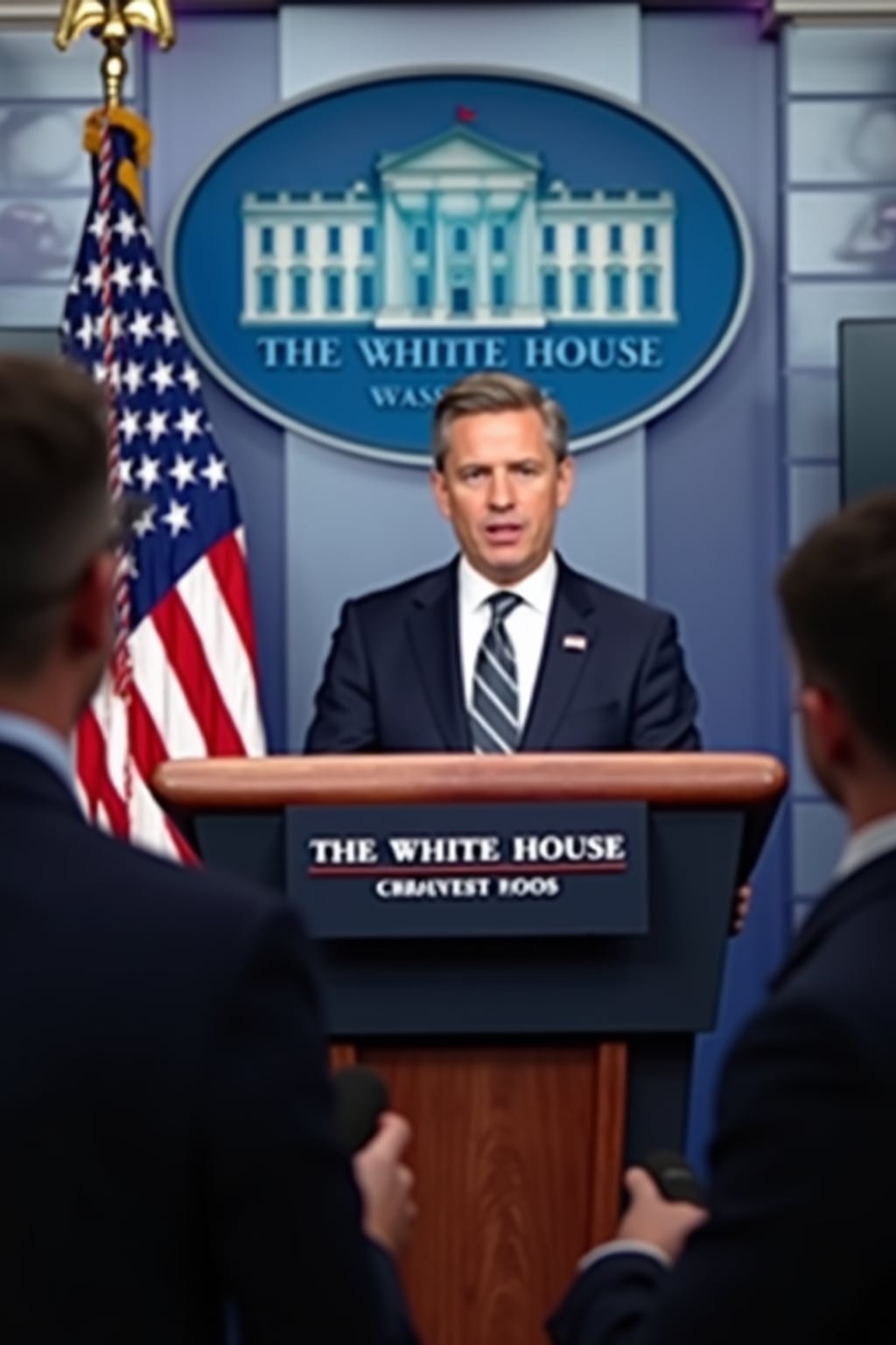 a u.s. government press briefing with a white house spokesperson addressing concerns about ai-generated videos. the chyron reads: 'white house responds to PhotoAI.com backlash.' the spokesperson says, 'we take the threat of ai misinformation seriously and are evaluating new regulations.' journalists in the audience hold microphones, asking tough questions about ai censorship and free speech.