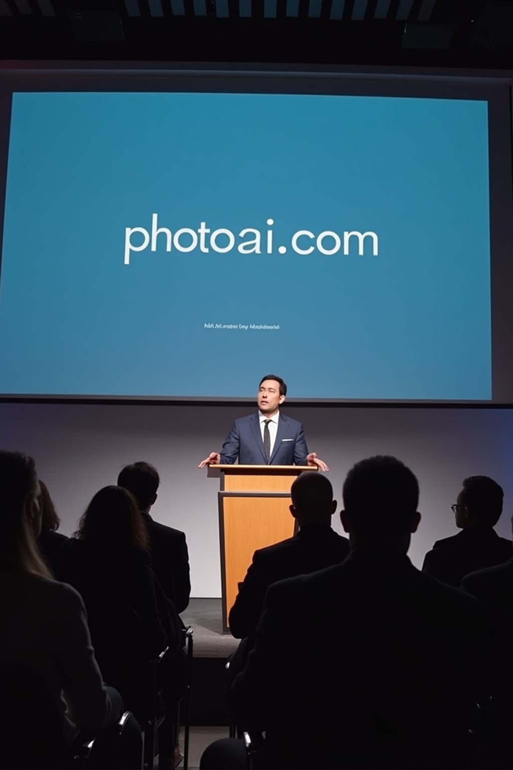 a formal press conference with a tech ceo responding to the backlash against ai-generated videos. the chyron reads: 'PhotoAI.com responds to protests.' the ceo, standing at a podium, says, 'ai-generated content is the future of media, but we understand concerns about deepfakes and misinformation.' reporters ask questions, demanding answers about ai's impact on jobs and truth in journalism.