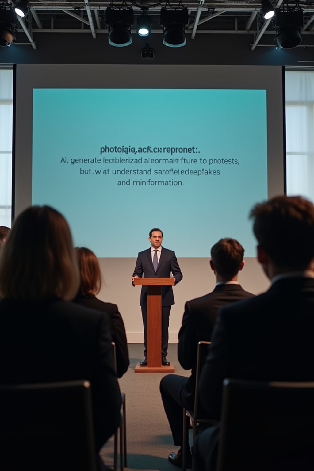 a formal press conference with a tech ceo responding to the backlash against ai-generated videos. the chyron reads: 'PhotoAI.com responds to protests.' the ceo, standing at a podium, says, 'ai-generated content is the future of media, but we understand concerns about deepfakes and misinformation.' reporters ask questions, demanding answers about ai's impact on jobs and truth in journalism.