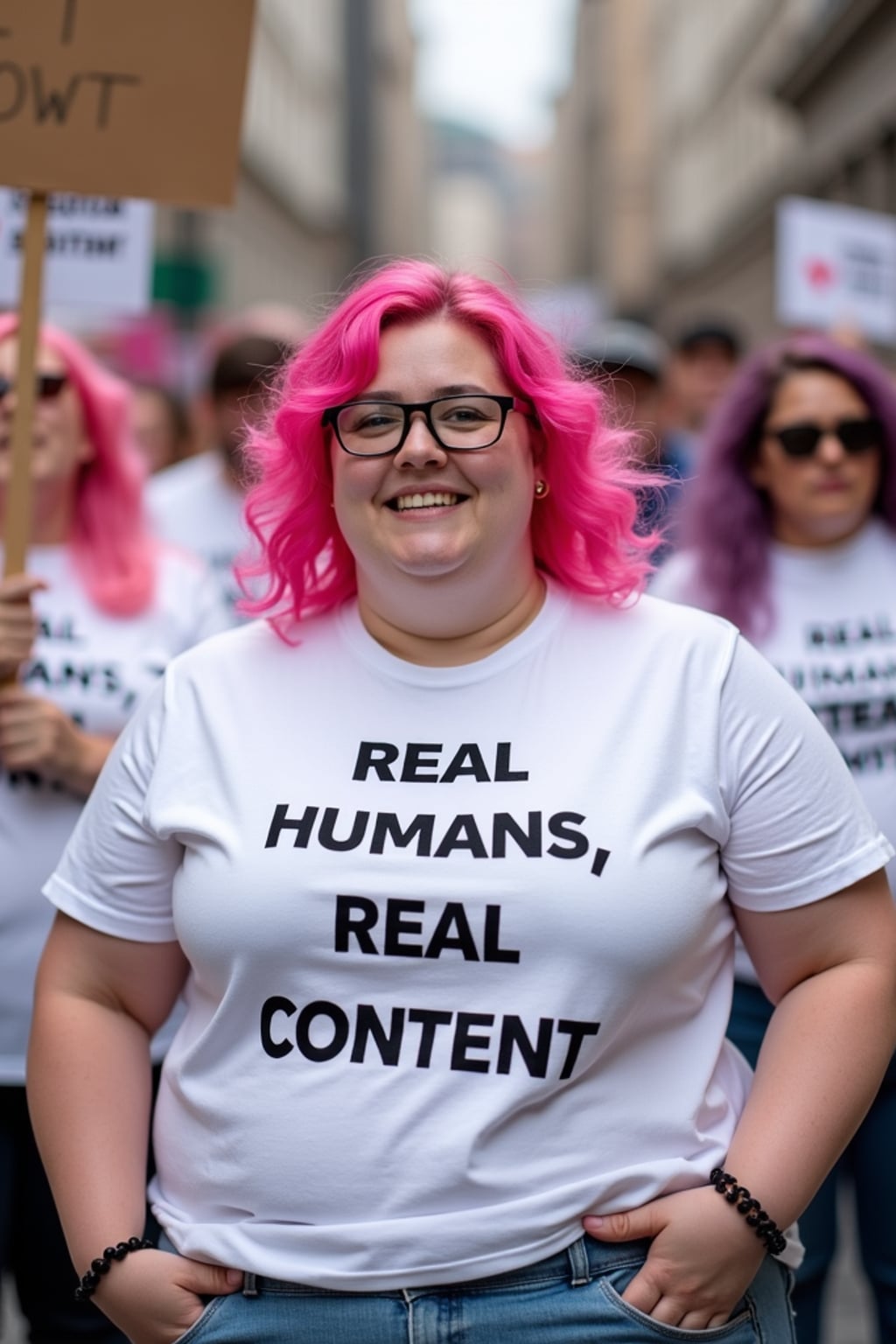 group of obese fat protesters in white t-shirt with pink hair holding signs "real humans, real content"