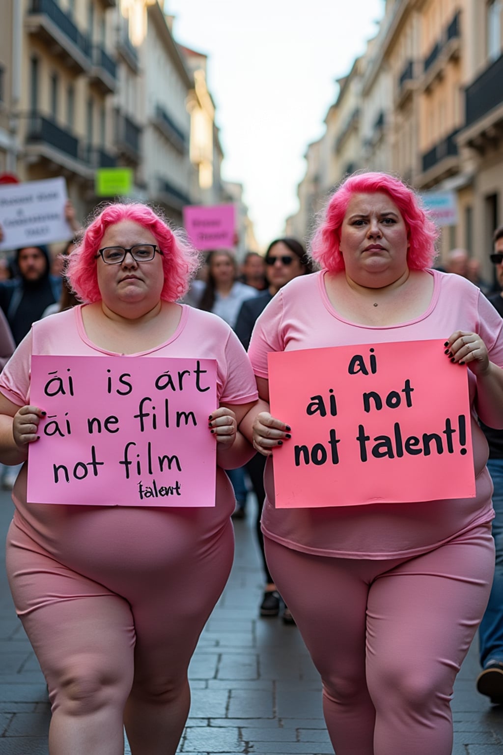 group of obese fat protesters in casusal clothes with pink hair holding signs "ai is not art, ai is not film, ai is not talent!"