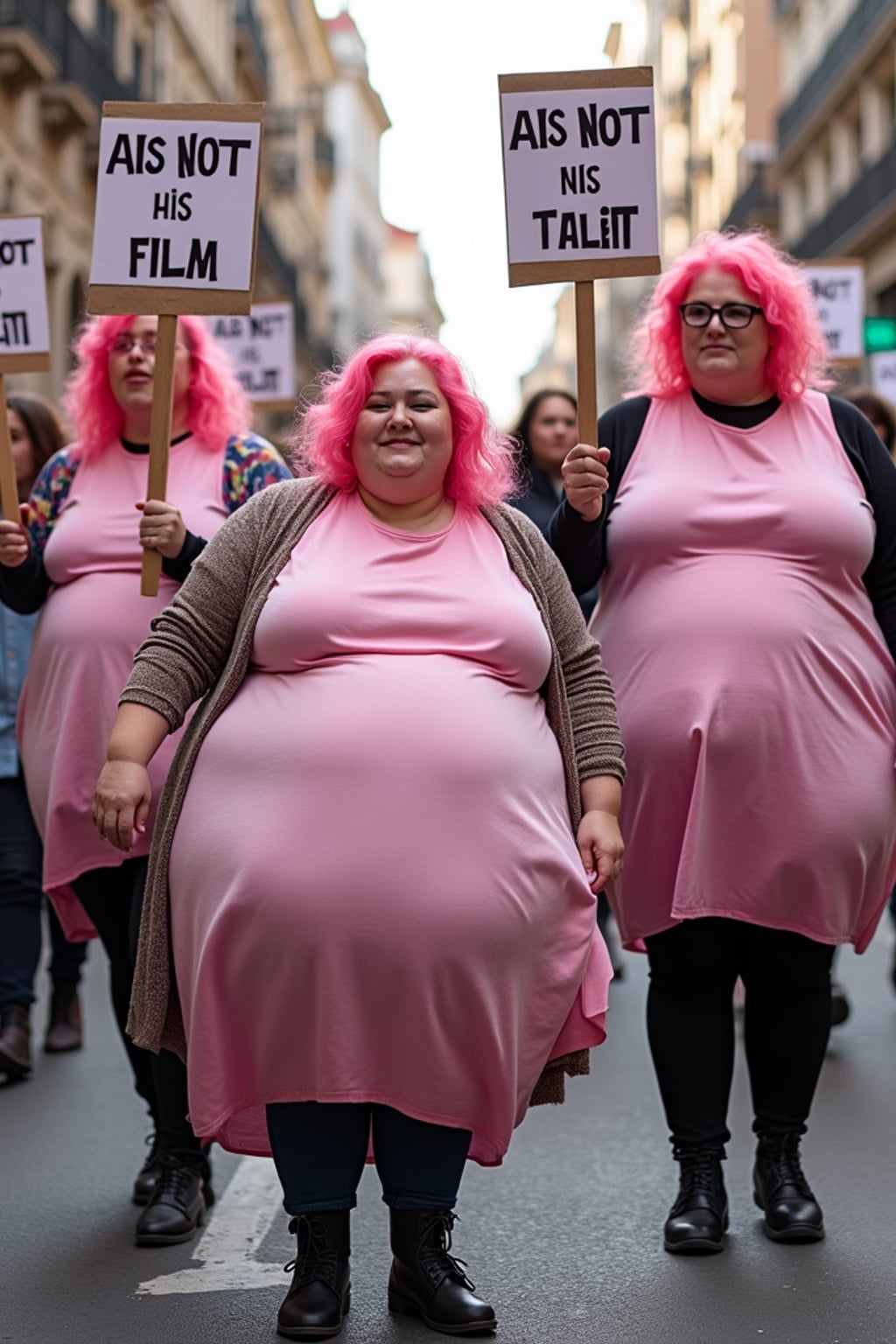 group of obese fat protesters in casusal clothes with pink hair holding signs "ai is not art, ai is not film, ai is not talent!"