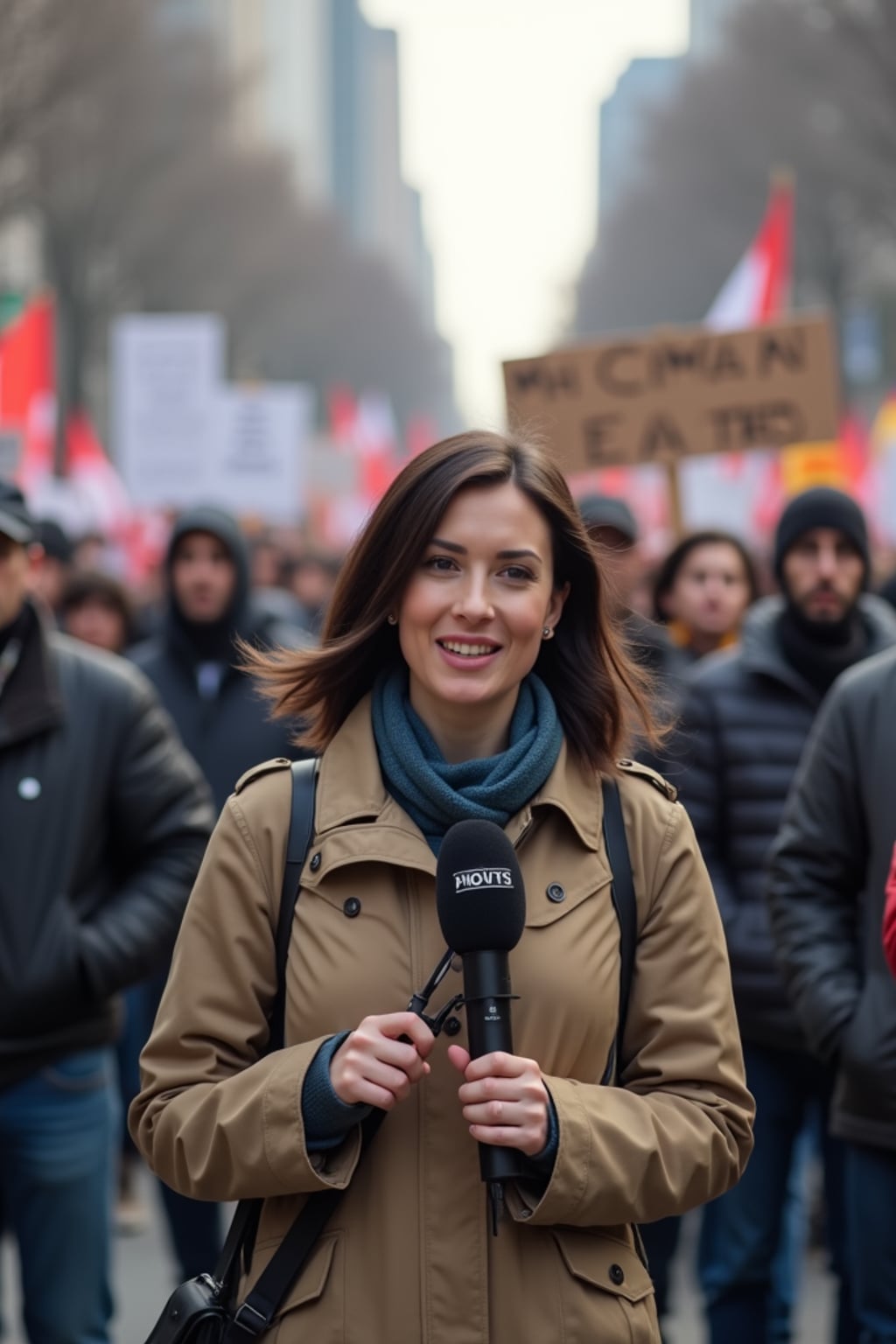 a TV news channel-style field reporter wearing a windbreaker, holding a microphone, reporting from a chaotic protest scene. large crowds chant slogans like 'ban ai deepfakes!' and 'we want real news!' the chyron at the bottom reads: 'live: protests against PhotoAI.com.' in the background, people wave signs and hold banners saying 'who controls ai controls truth' and 'ai videos = ai lies.' the reporter interviews a protester who angrily says, 'ai-generated content is a tool for propaganda and job loss. we need regulation now!'