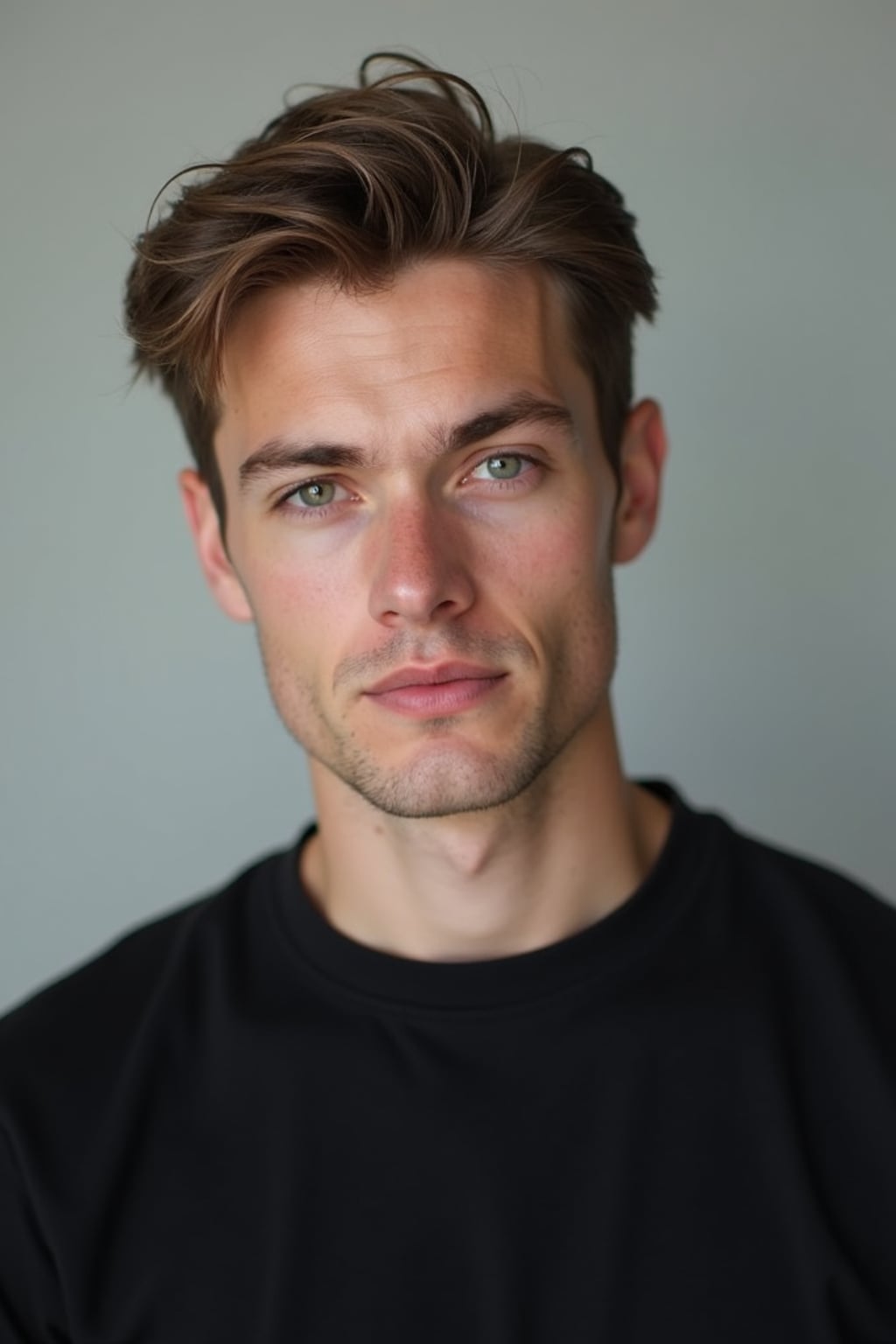 man looking straight into camera with mouth closed and no emotion. plain background. wearing black  t-shirt