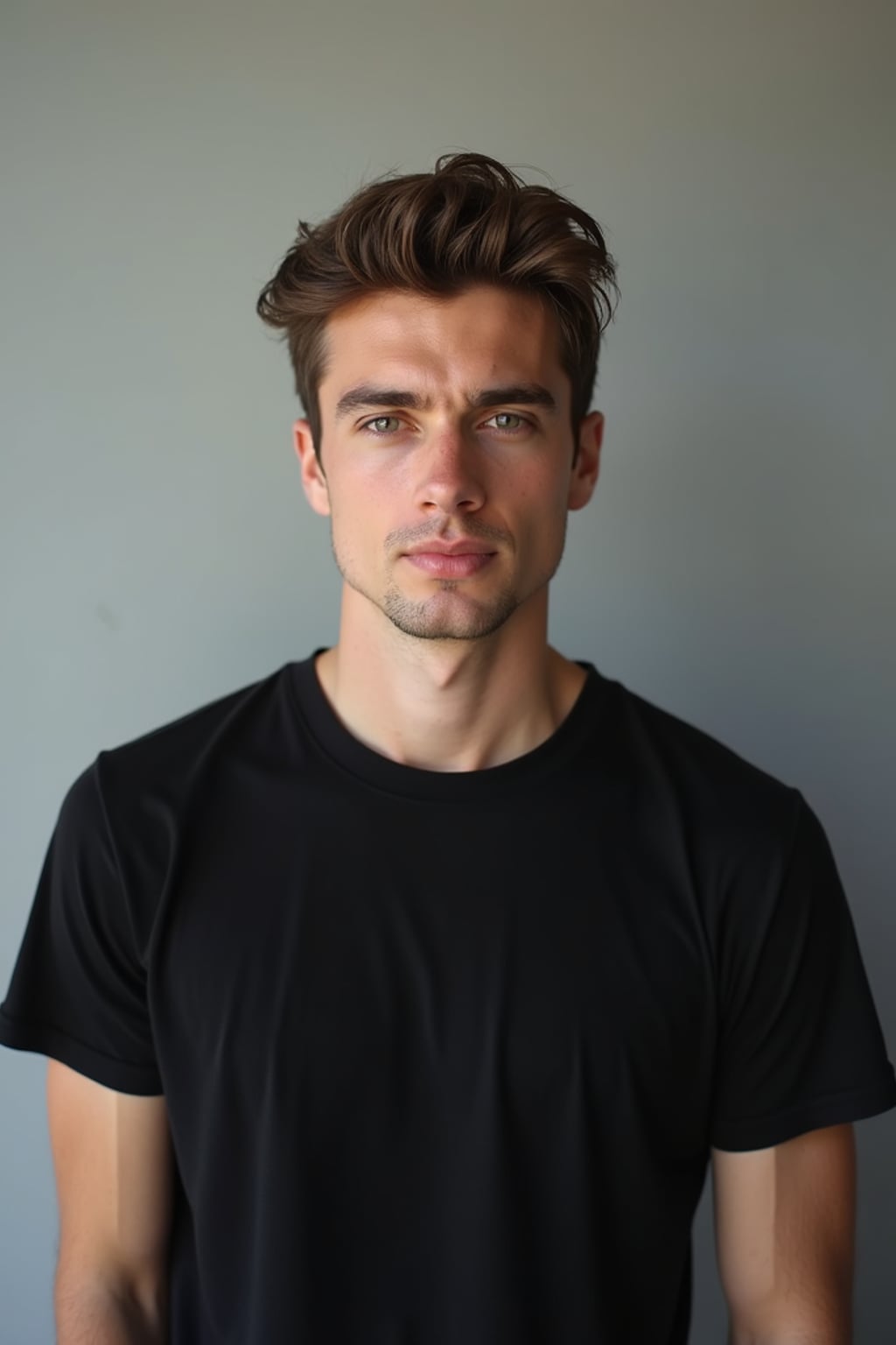 man looking straight into camera with mouth closed and no emotion. plain background. wearing black  t-shirt