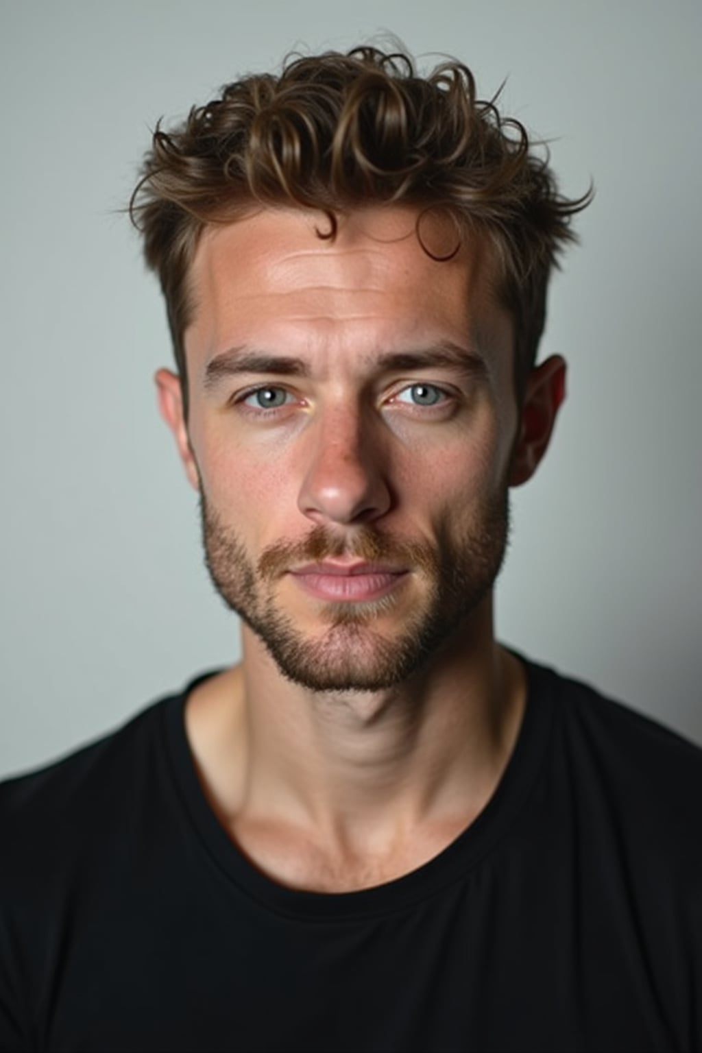man looking straight into camera with mouth closed and no emotion. plain background. wearing black  t-shirt