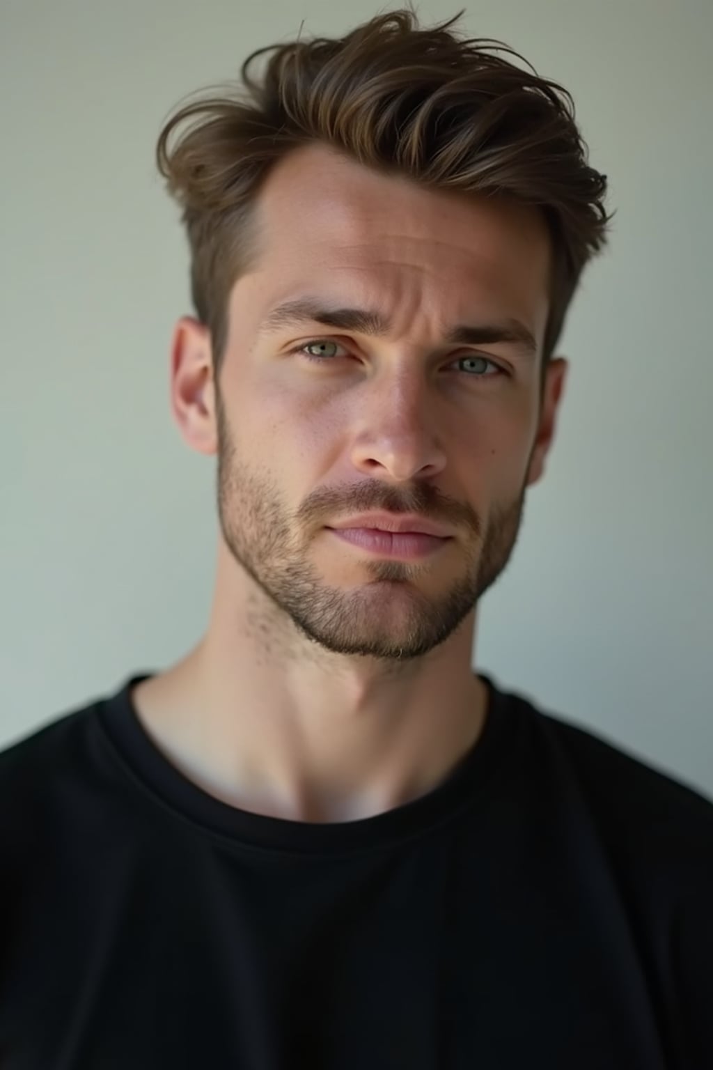 man looking straight into camera with mouth closed and no emotion. plain background. wearing black  t-shirt