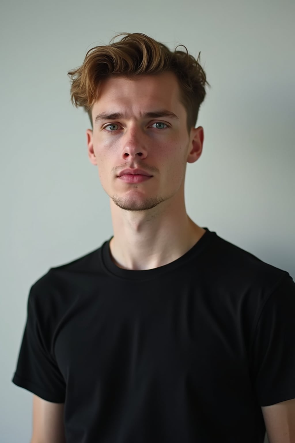 man looking straight into camera with mouth closed and no emotion. plain background. wearing black  t-shirt