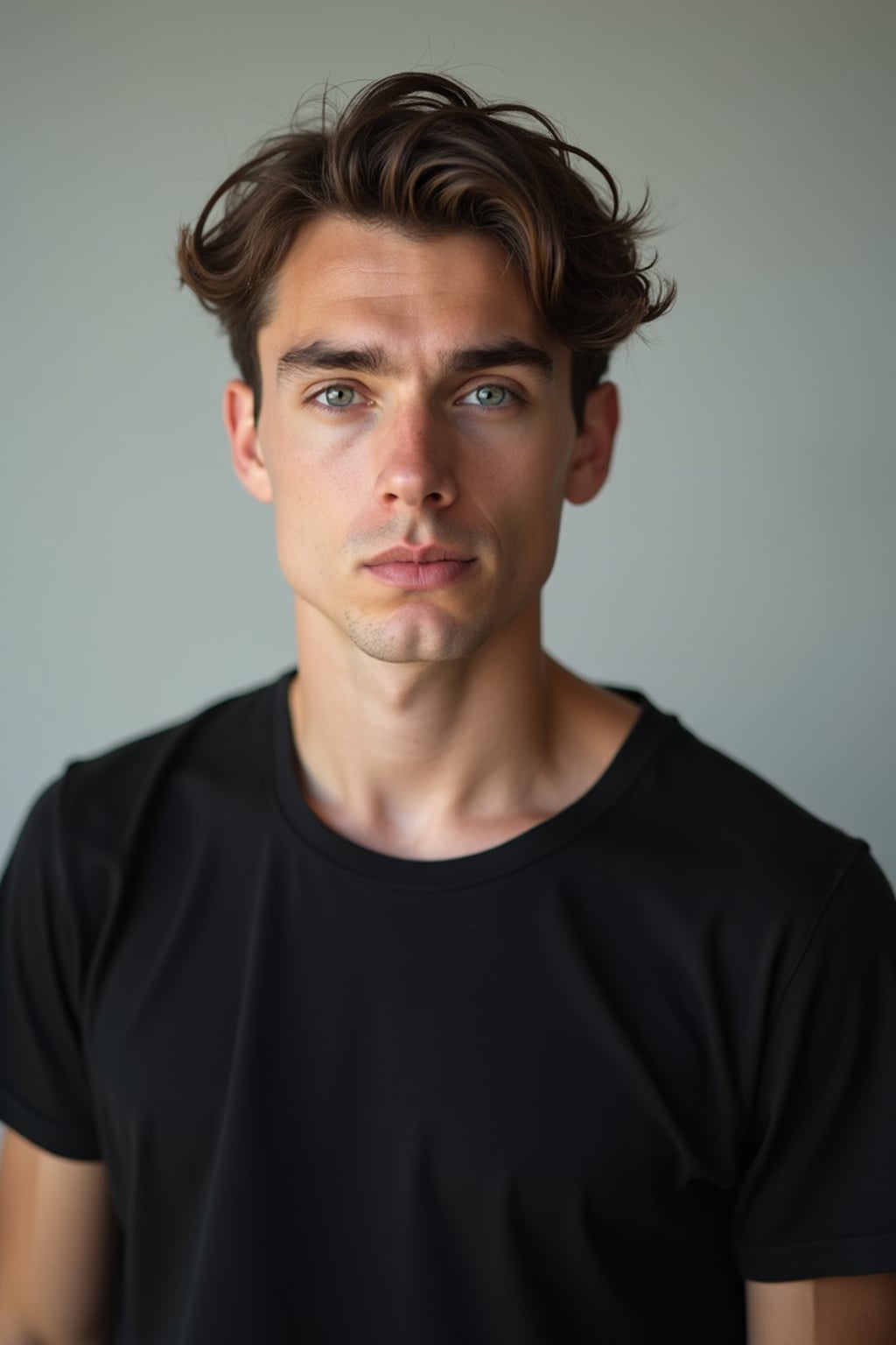 man looking straight into camera with mouth closed and no emotion. plain background. wearing black  t-shirt