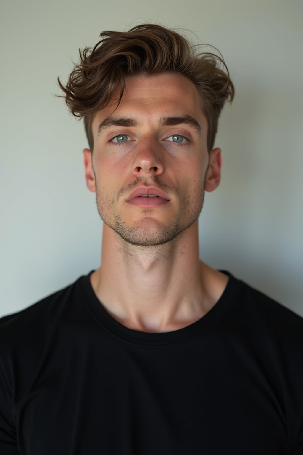 man looking straight into camera with mouth closed and no emotion. plain background. wearing black  t-shirt
