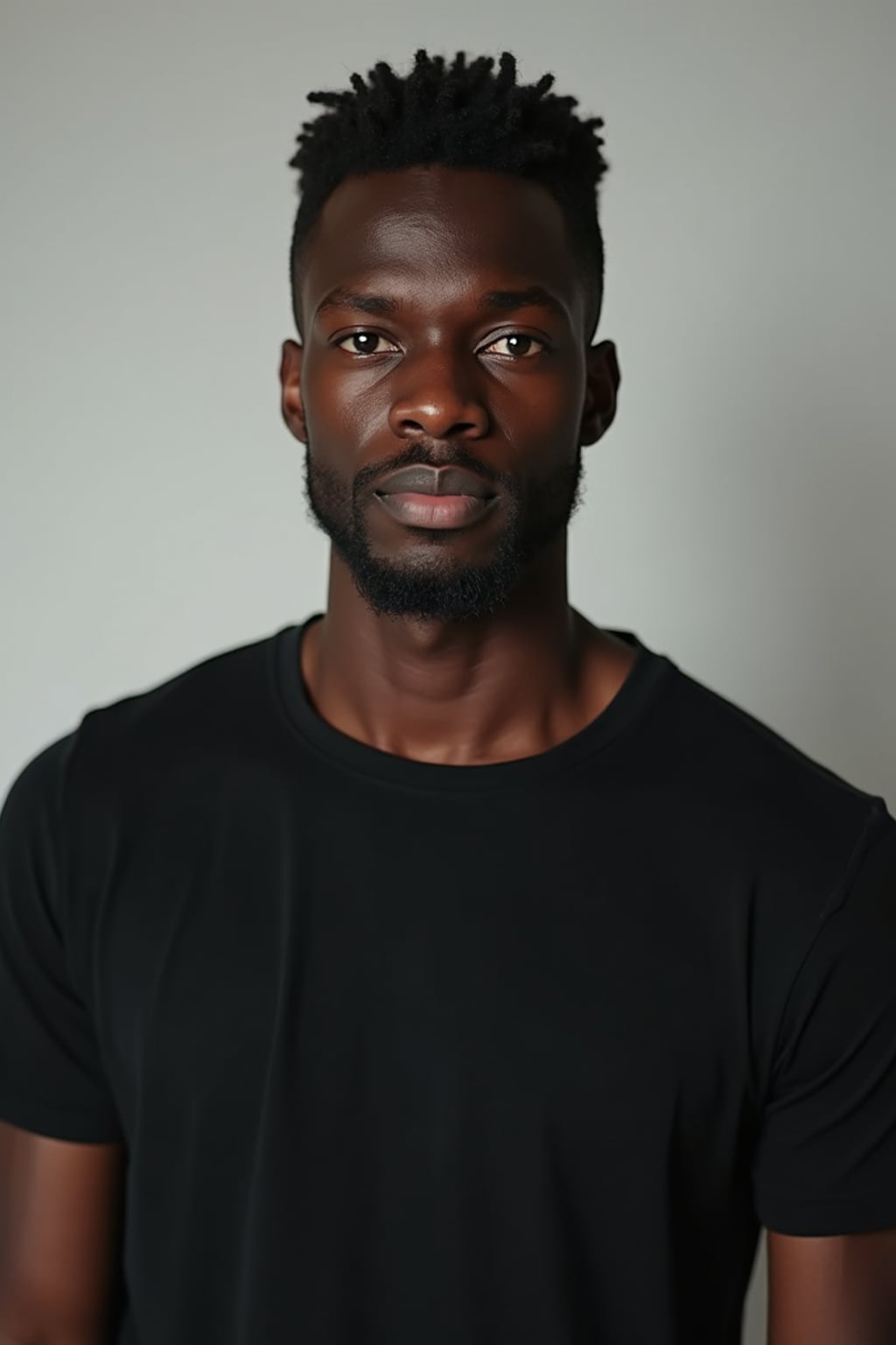 man looking straight into camera with mouth closed and no emotion. plain background. wearing black  t-shirt