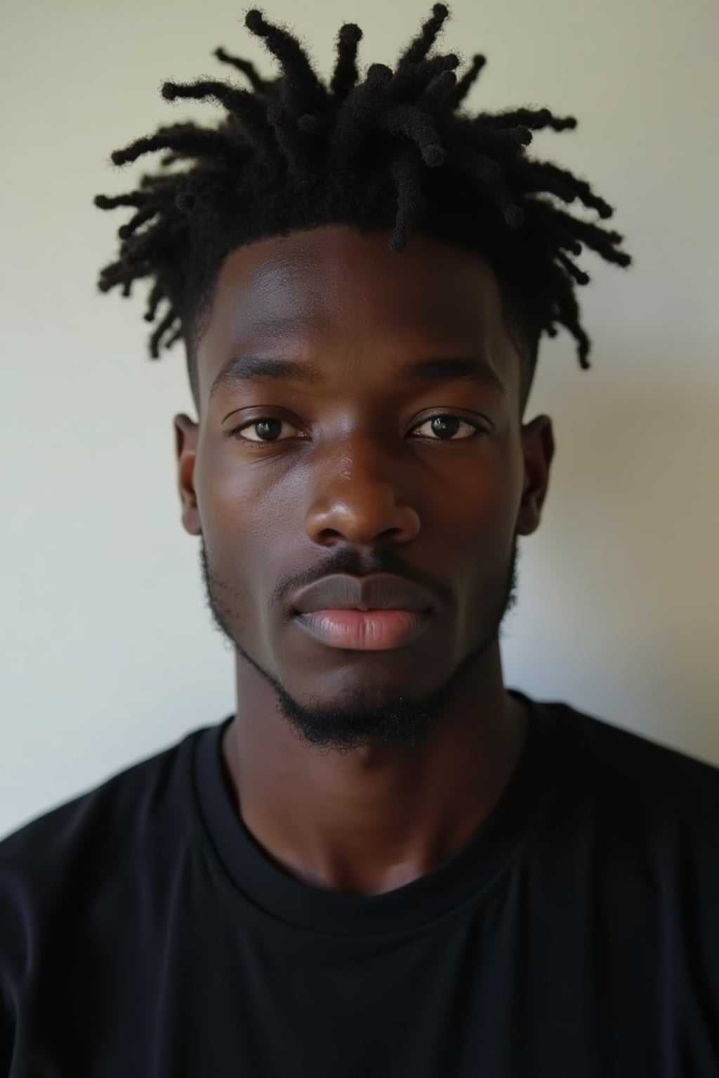 man looking straight into camera with mouth closed and no emotion. plain background. wearing black  t-shirt