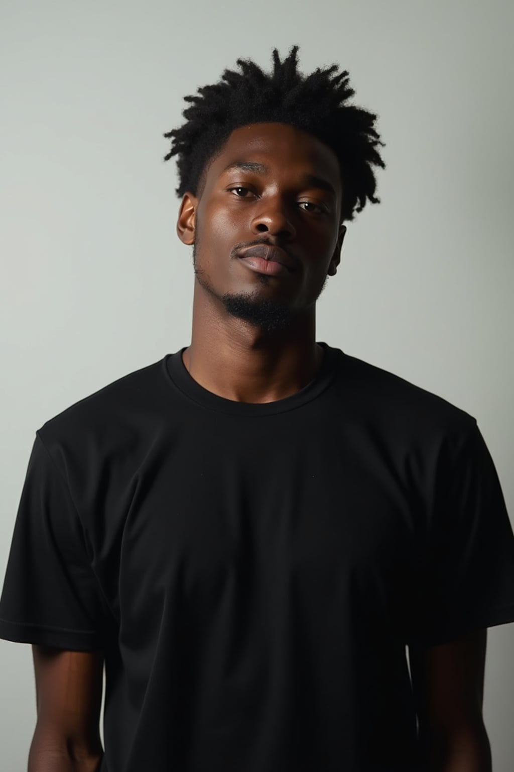 man looking straight into camera with mouth closed and no emotion. plain background. wearing black  t-shirt