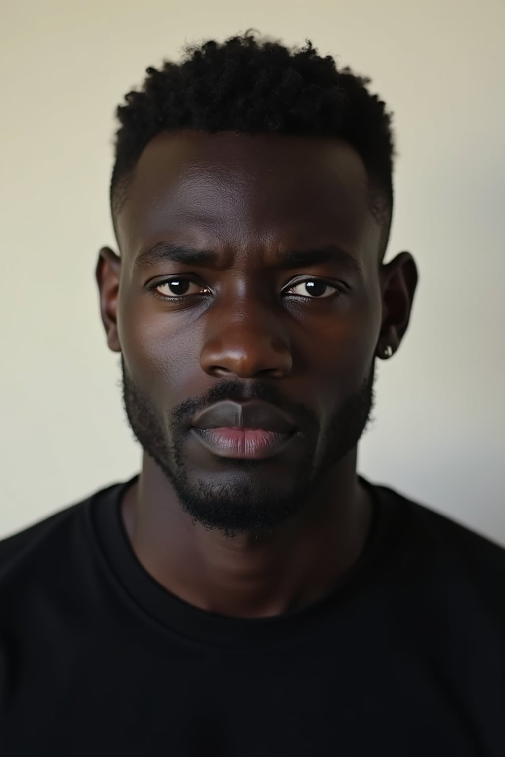 man looking straight into camera with mouth closed and no emotion. plain background. wearing black  t-shirt