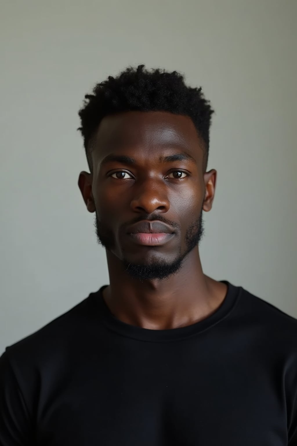 man looking straight into camera with mouth closed and no emotion. plain background. wearing black  t-shirt